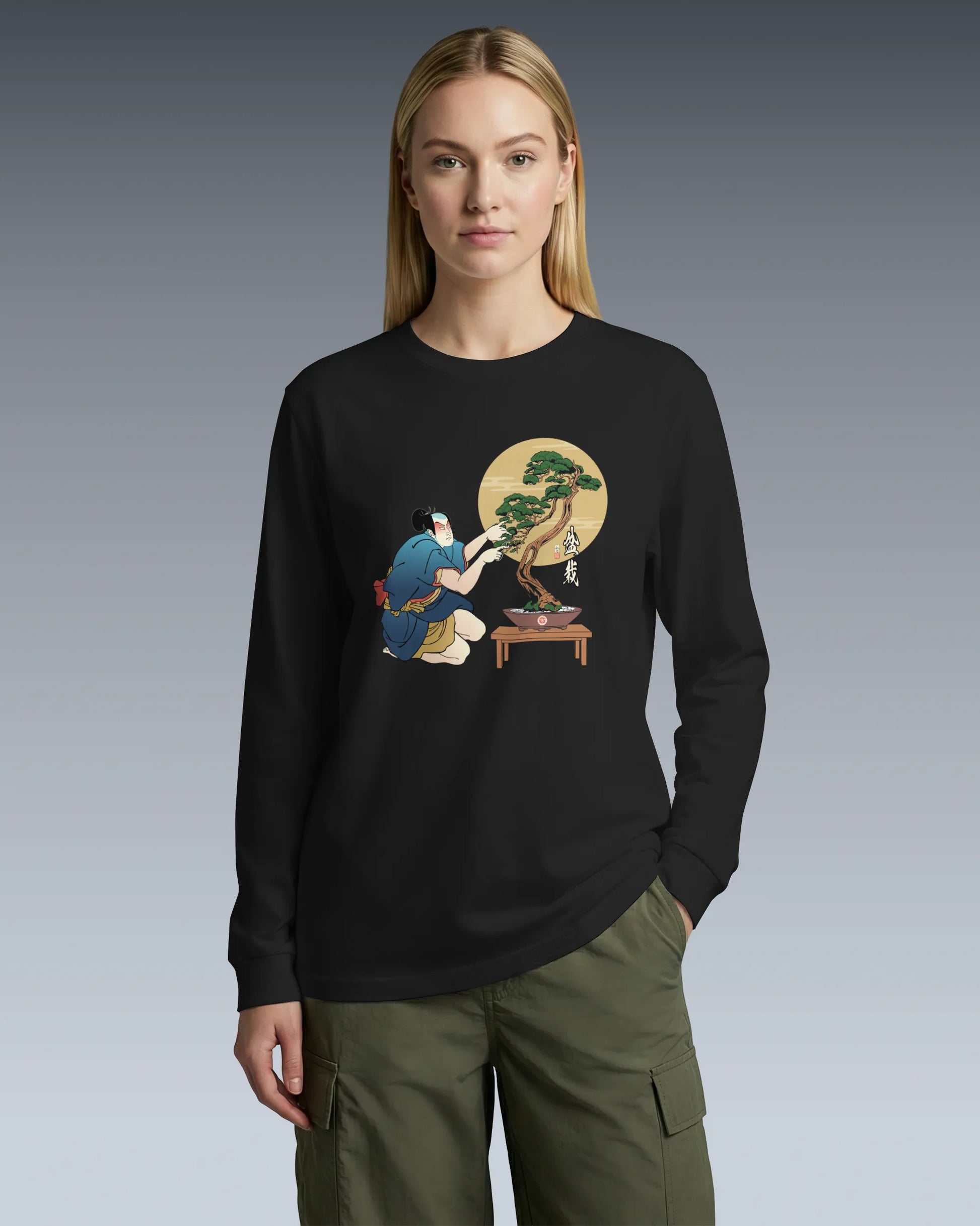 Samurai and Bonsai Tree Japanese Ukiyo-e Unisex Long Sleeve Tee 2 - Samurai Original
