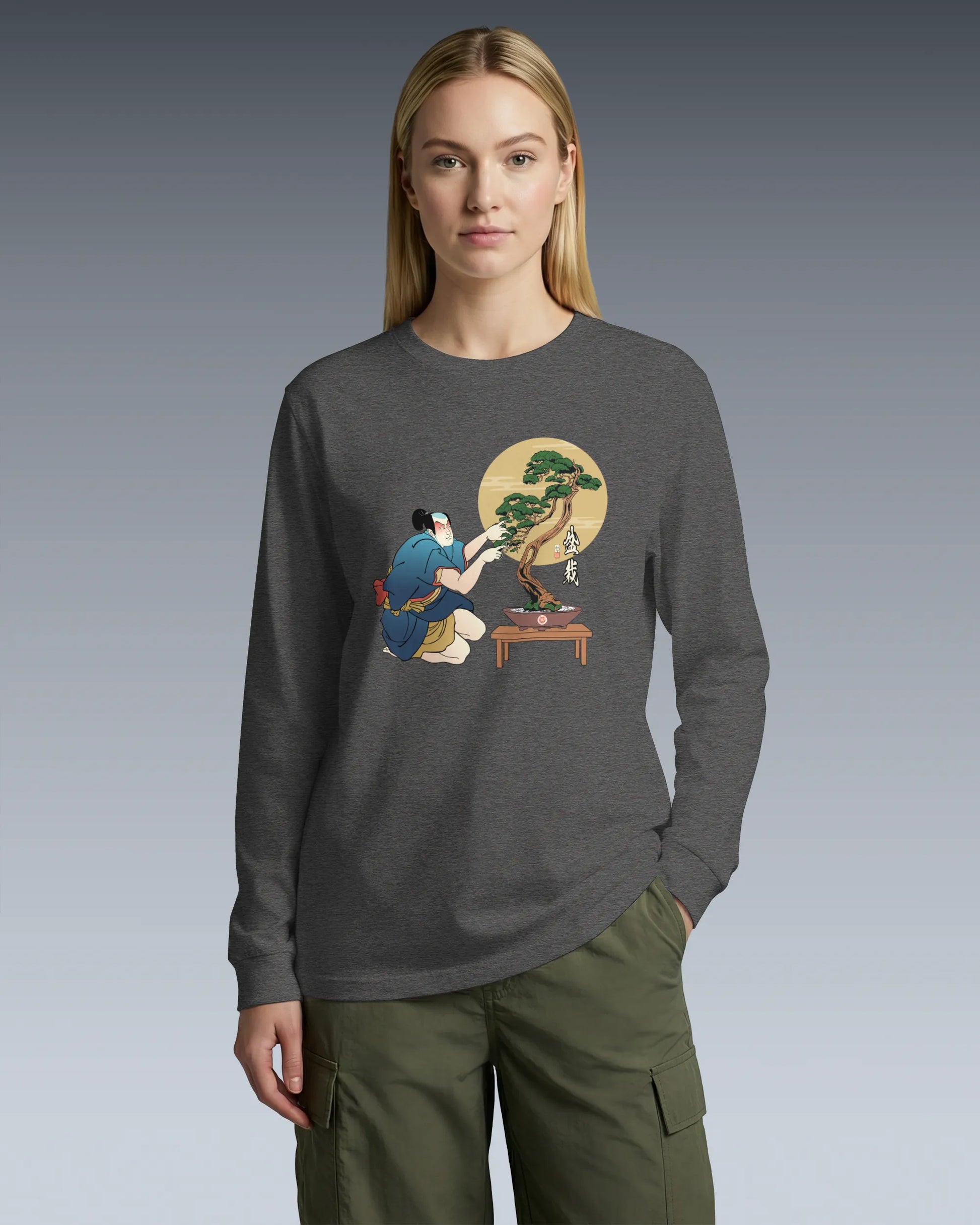Samurai and Bonsai Tree Japanese Ukiyo-e Unisex Long Sleeve Tee 2 - Samurai Original