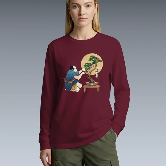 Samurai and Bonsai Tree Japanese Ukiyo-e Unisex Long Sleeve Tee 2 - Samurai Original