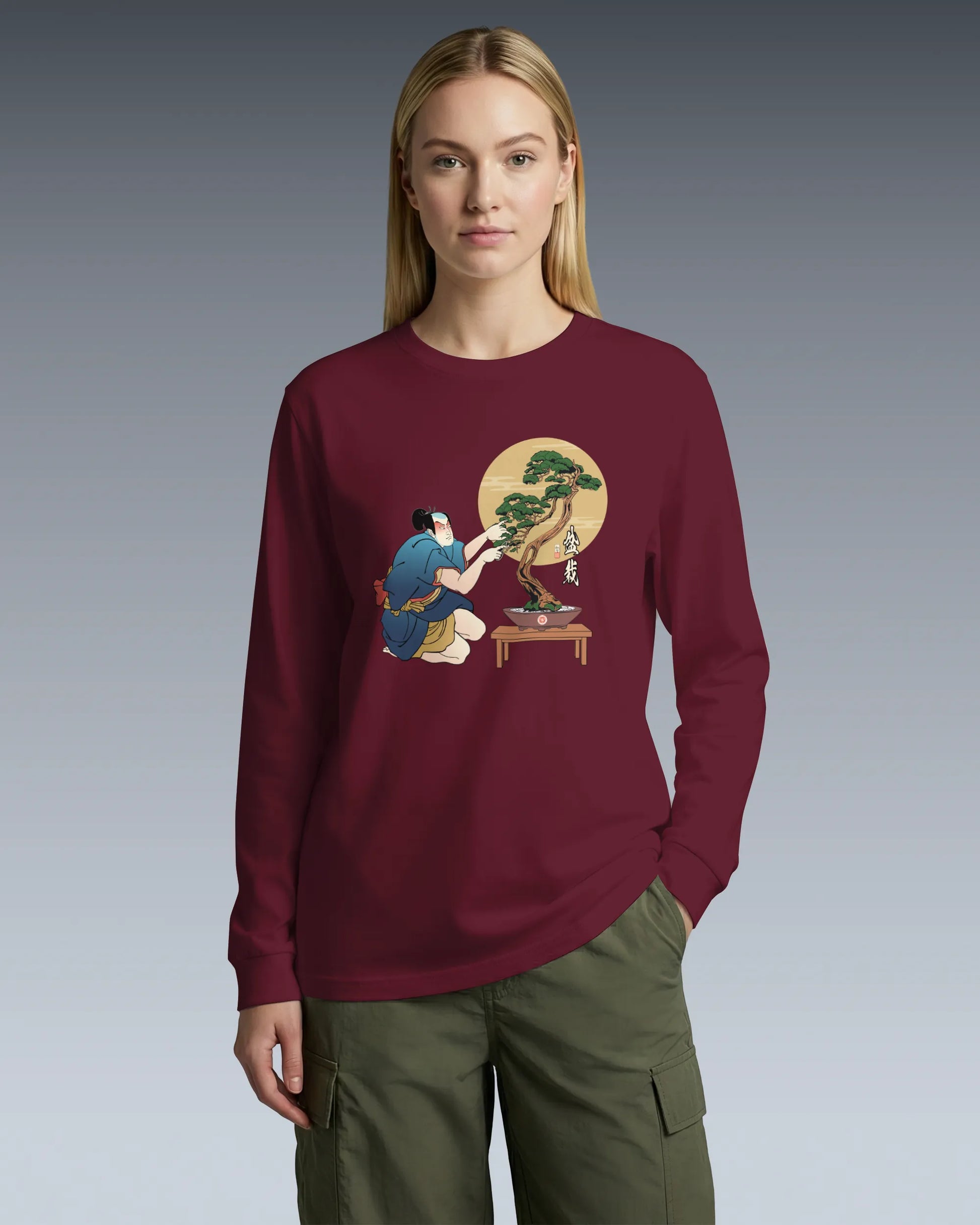 Samurai and Bonsai Tree Japanese Ukiyo-e Unisex Long Sleeve Tee 2 - Samurai Original