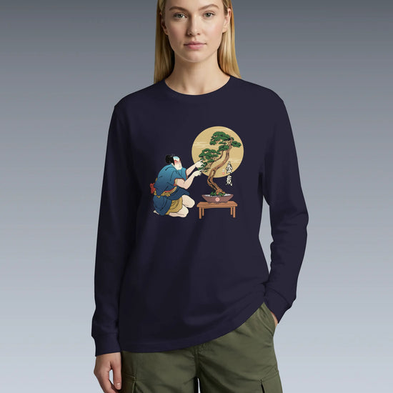 Samurai and Bonsai Tree Japanese Ukiyo-e Unisex Long Sleeve Tee 2 - Samurai Original
