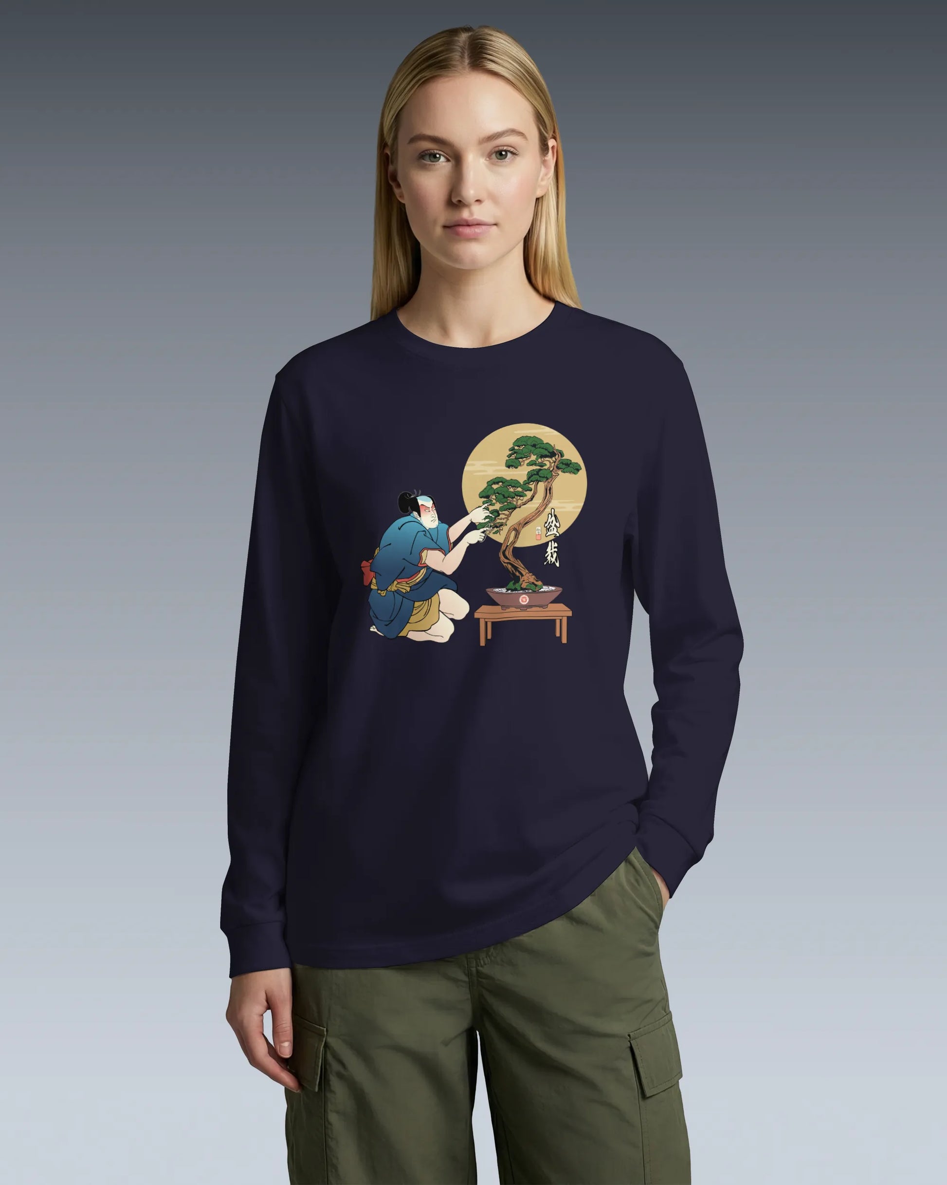Samurai and Bonsai Tree Japanese Ukiyo-e Unisex Long Sleeve Tee 2 - Samurai Original