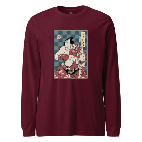 Samurai Boxing Player Sport Ukiyo-e Unisex Long Sleeve Tee Maroon - Samurai Original