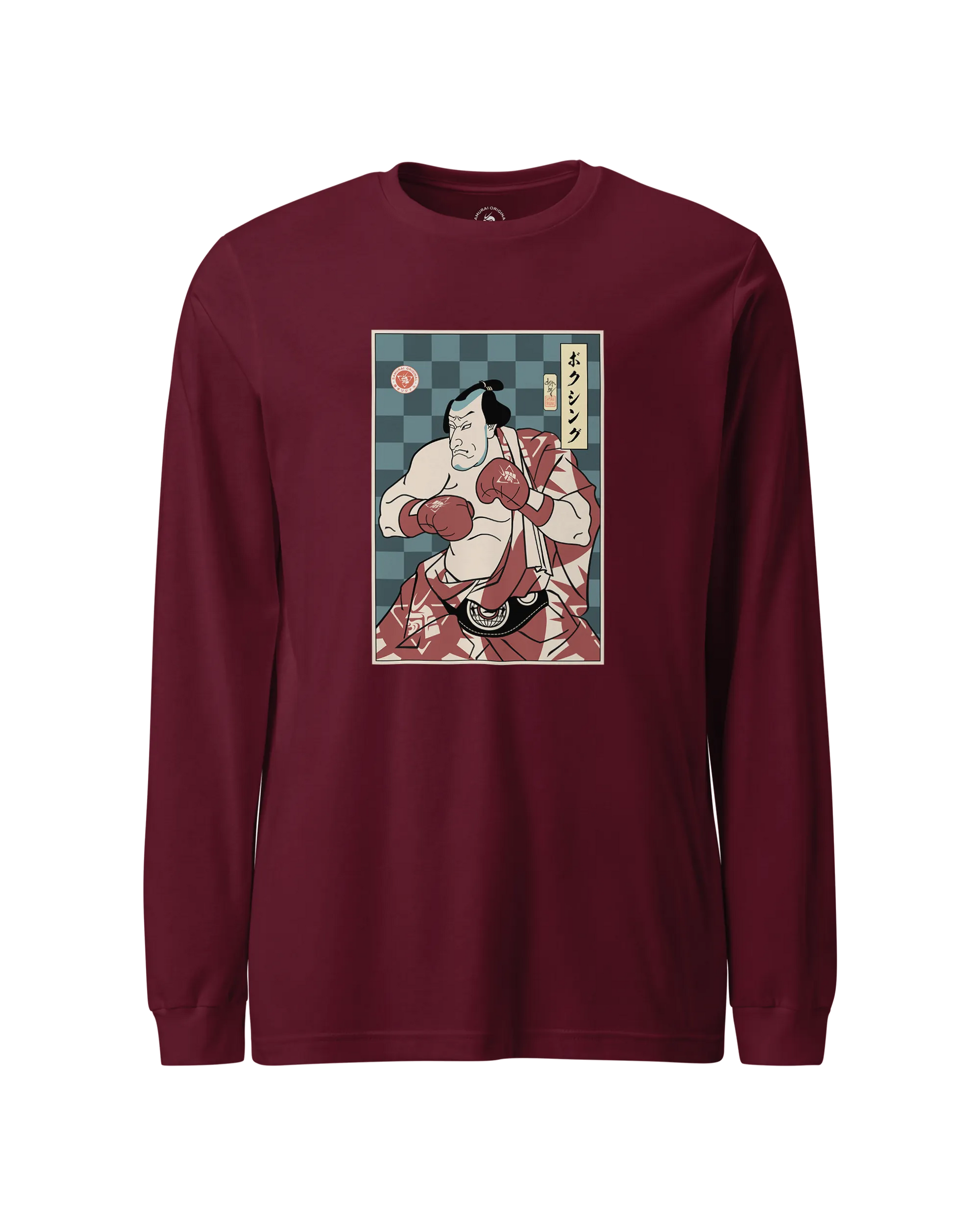 Samurai Boxing Player Sport Ukiyo-e Unisex Long Sleeve Tee Maroon - Samurai Original