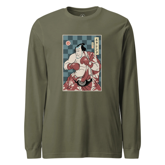 Samurai Boxing Player Sport Ukiyo-e Unisex Long Sleeve Tee Military Green - Samurai Original