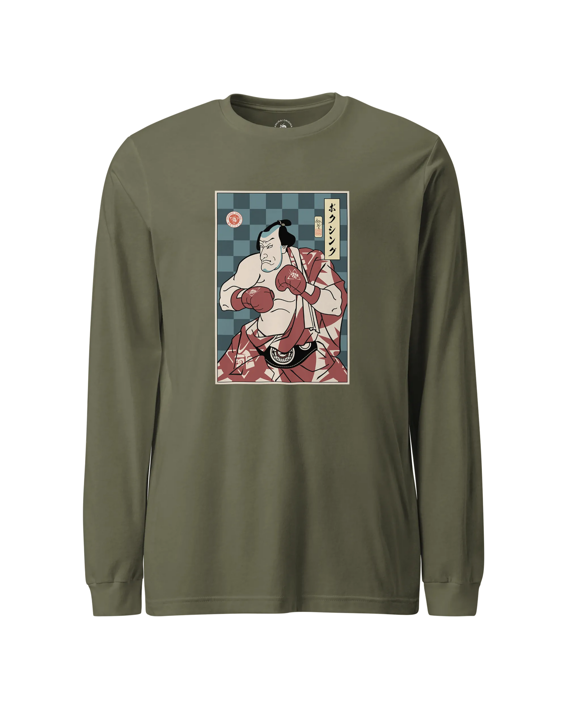 Samurai Boxing Player Sport Ukiyo-e Unisex Long Sleeve Tee Military Green - Samurai Original