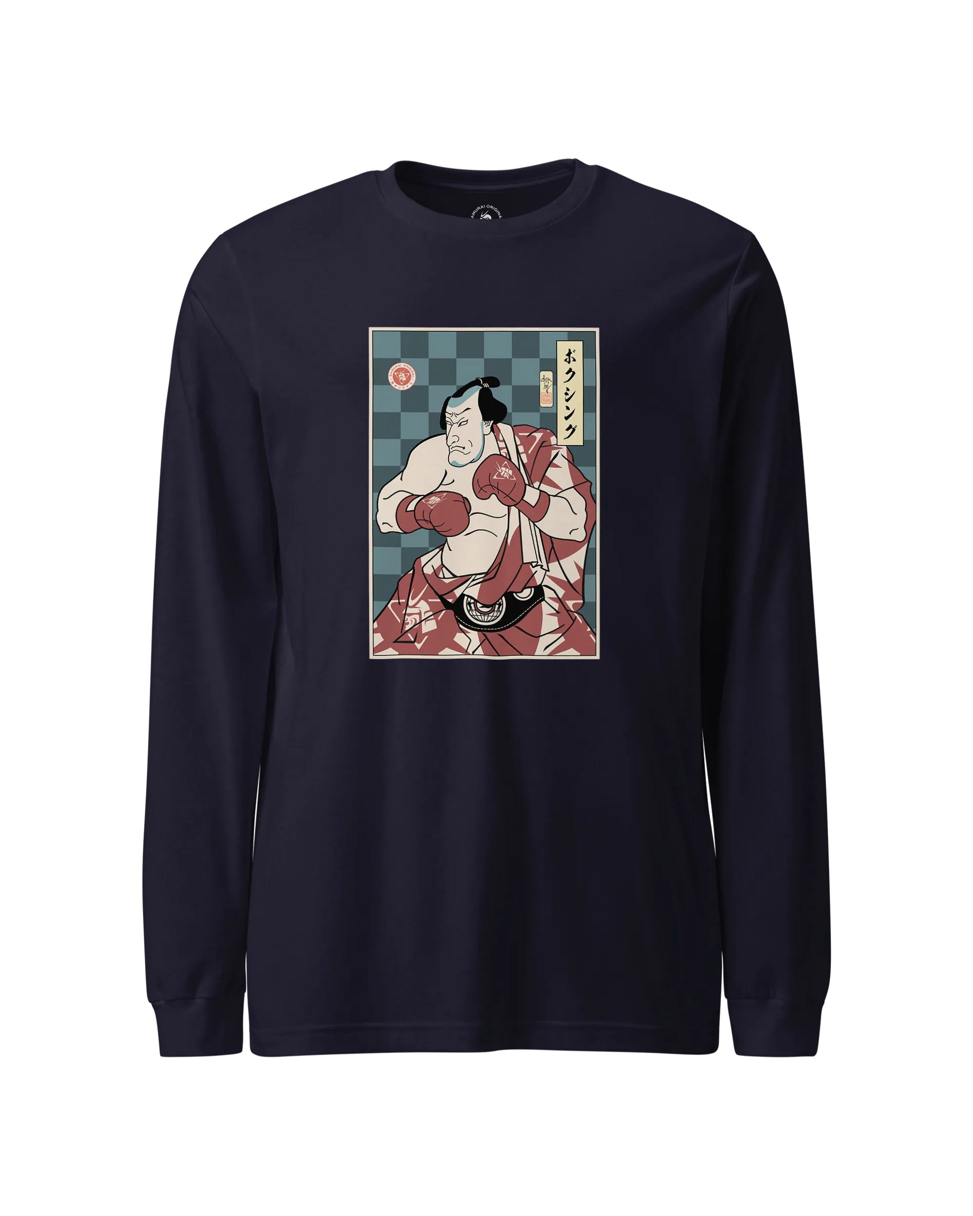 Samurai Boxing Player Sport Ukiyo-e Unisex Long Sleeve Tee Navy - Samurai Original