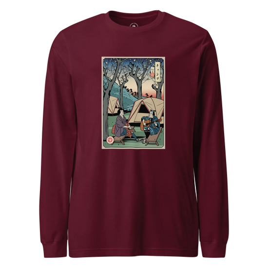 Samurai Camping Weekend Ukiyo-e Unisex Long Sleeve Tee Maroon - Samurai Original