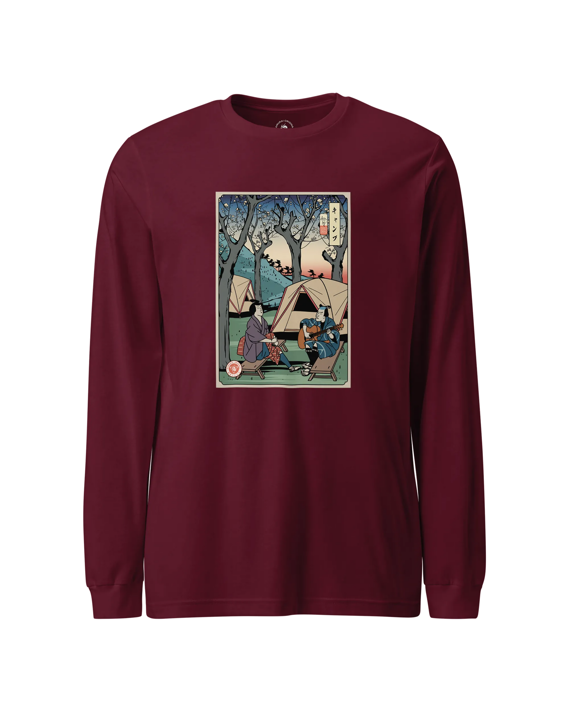 Samurai Camping Weekend Ukiyo-e Unisex Long Sleeve Tee Maroon - Samurai Original