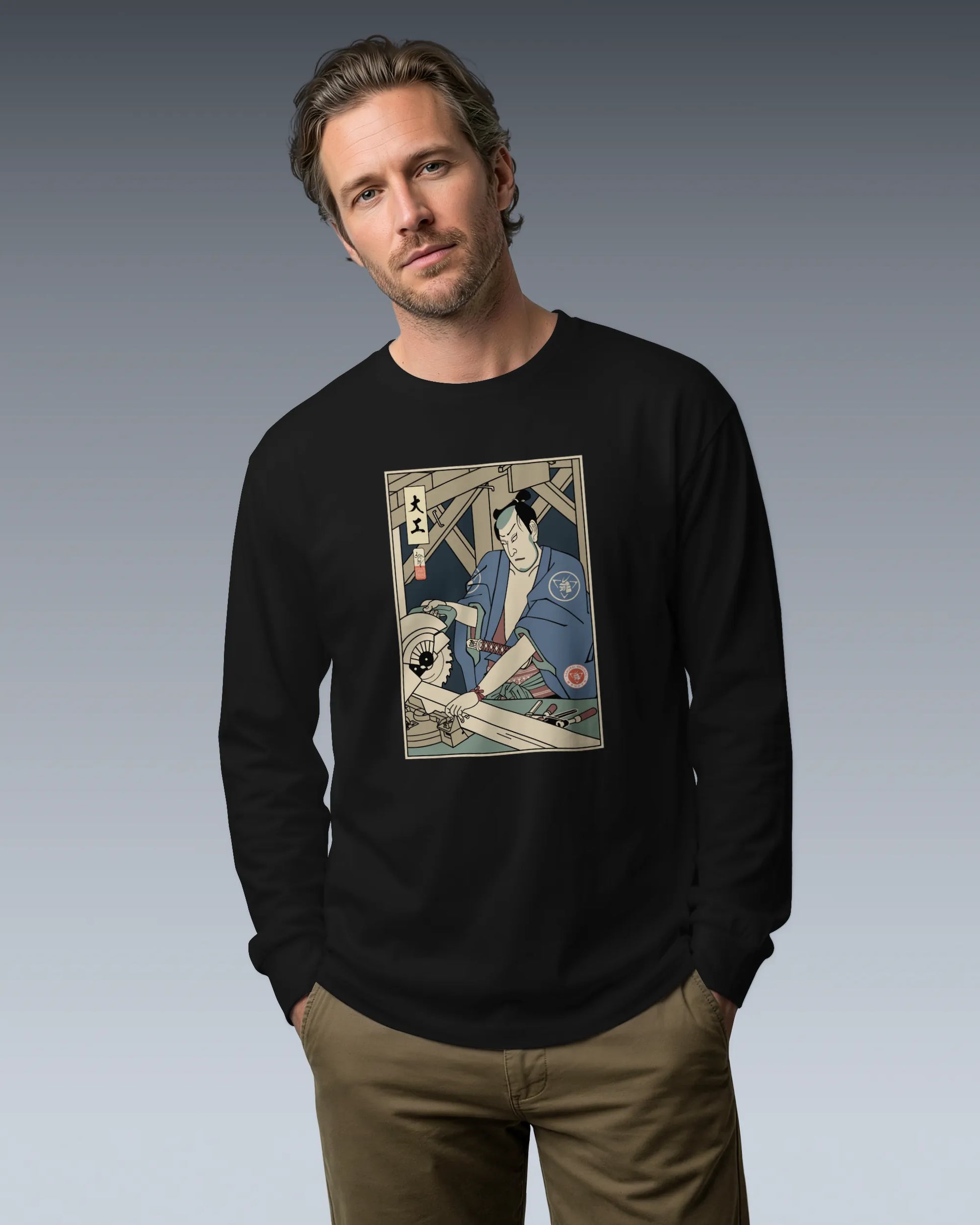 Samurai Carpenter Wood Artisan Ukiyo-e Unisex Long Sleeve Tee - Samurai Original