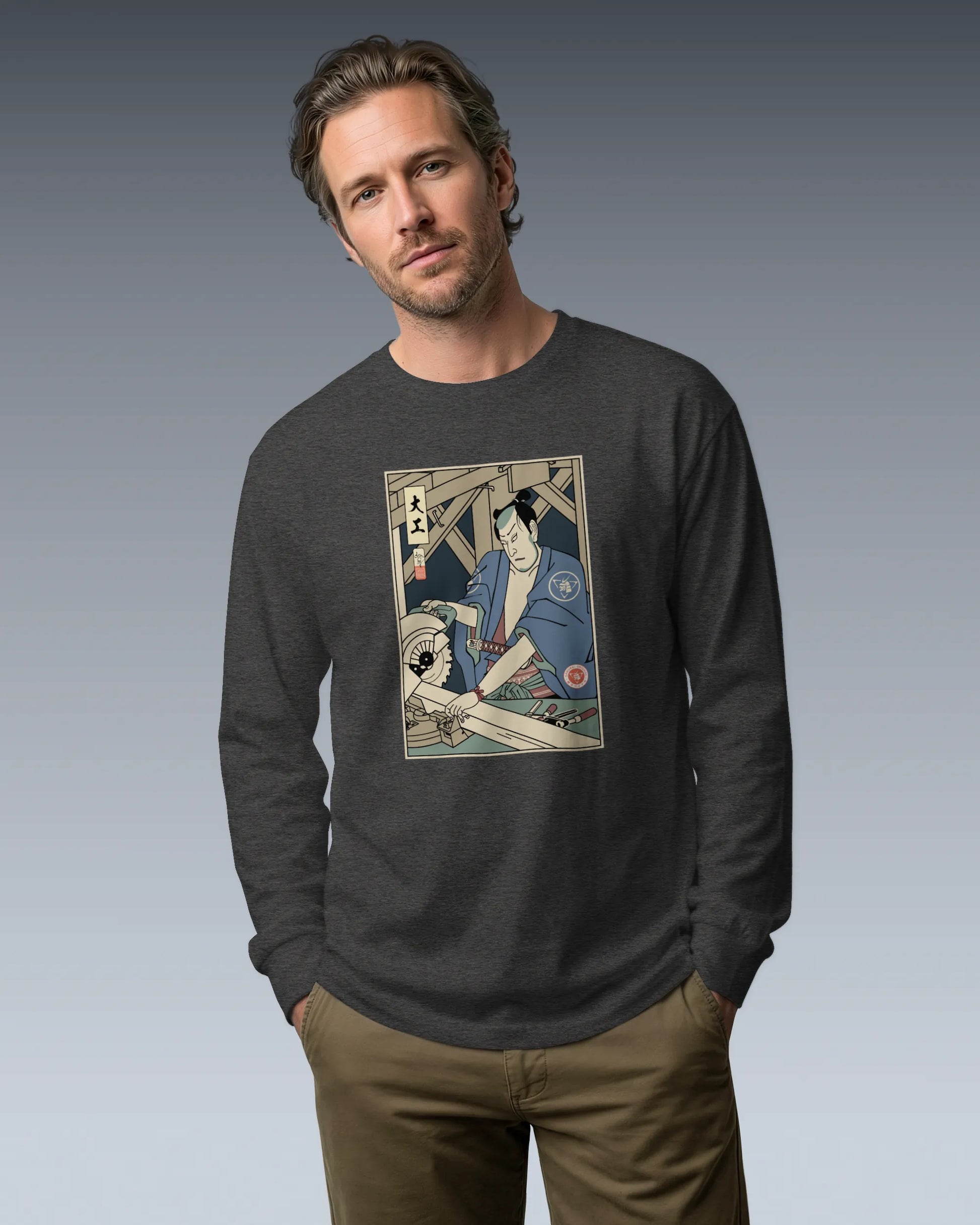 Samurai Carpenter Wood Artisan Ukiyo-e Unisex Long Sleeve Tee - Samurai Original