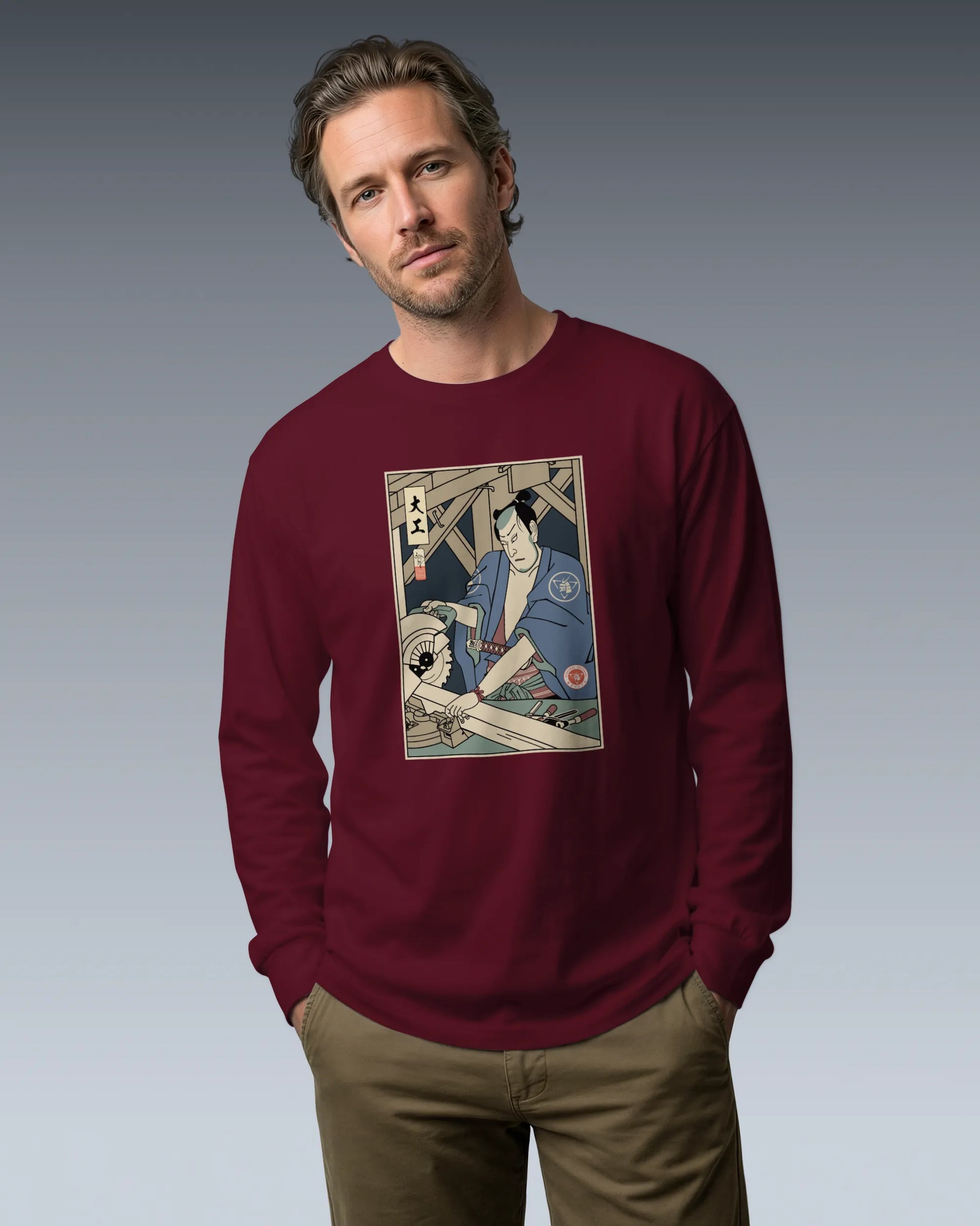 Samurai Carpenter Wood Artisan Ukiyo-e Unisex Long Sleeve Tee - Samurai Original