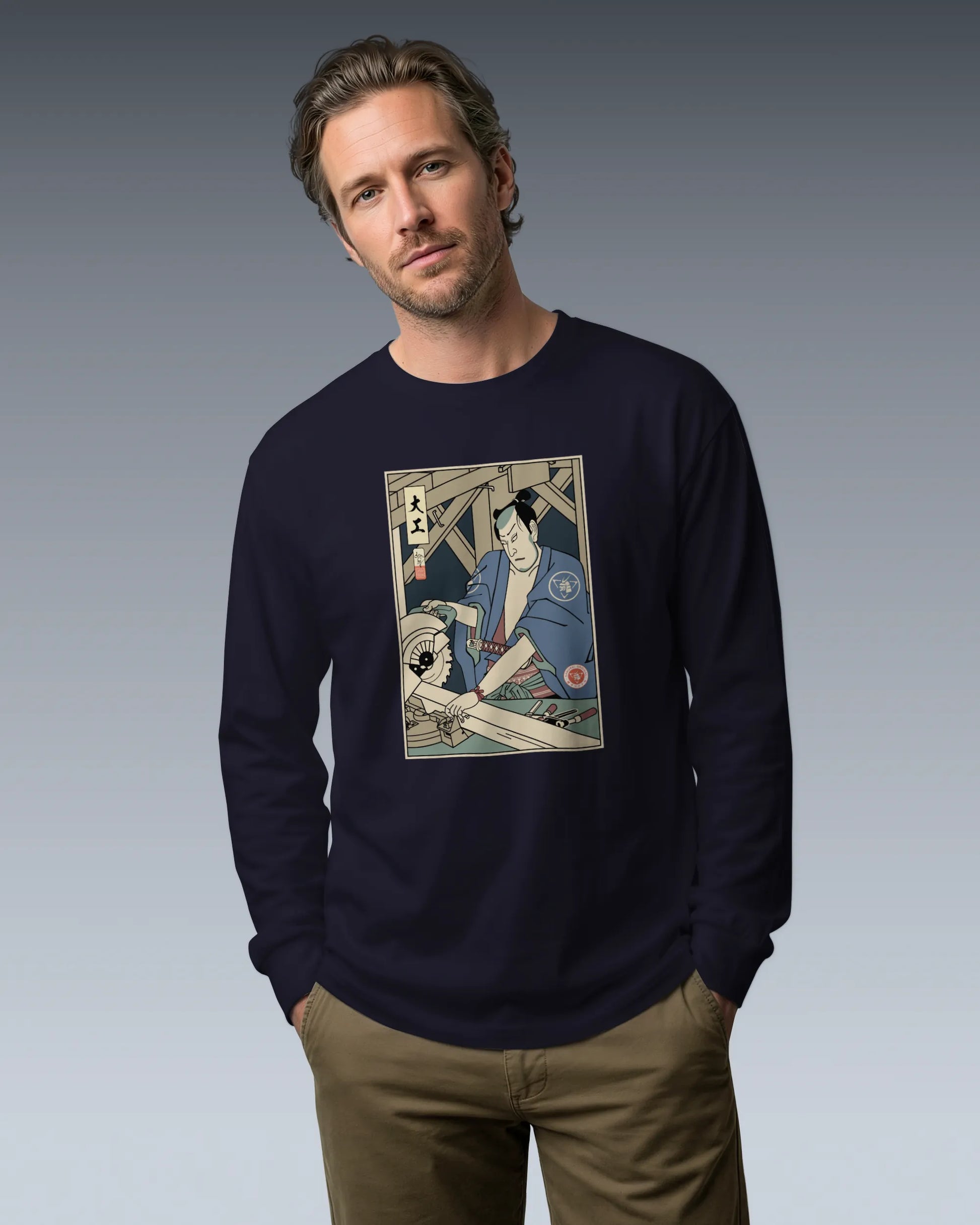Samurai Carpenter Wood Artisan Ukiyo-e Unisex Long Sleeve Tee - Samurai Original
