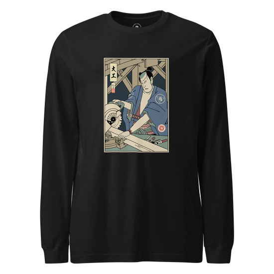 Samurai Carpenter Wood Artisan Ukiyo-e Unisex Long Sleeve Tee Black - Samurai Original