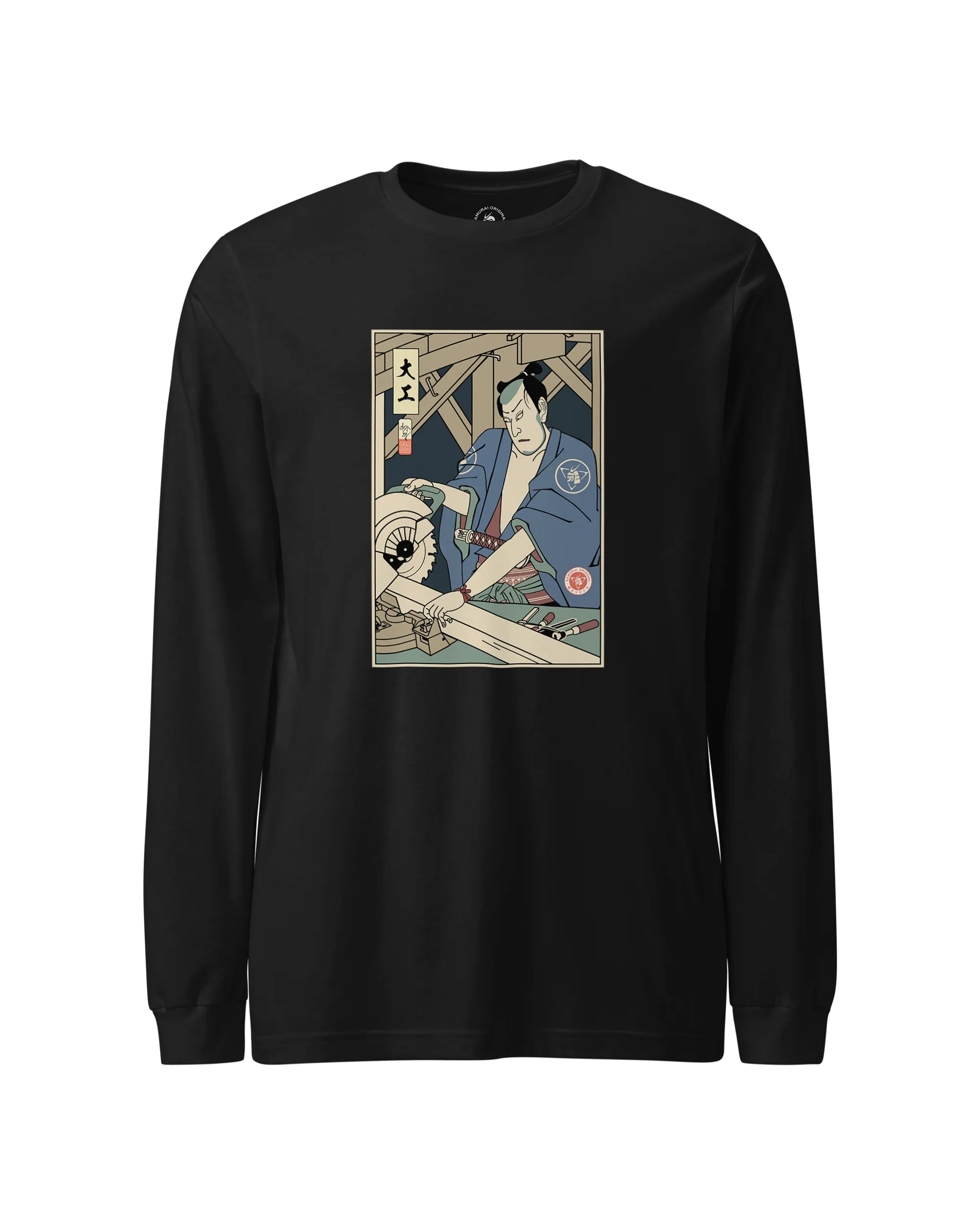 Samurai Carpenter Wood Artisan Ukiyo-e Unisex Long Sleeve Tee Black - Samurai Original