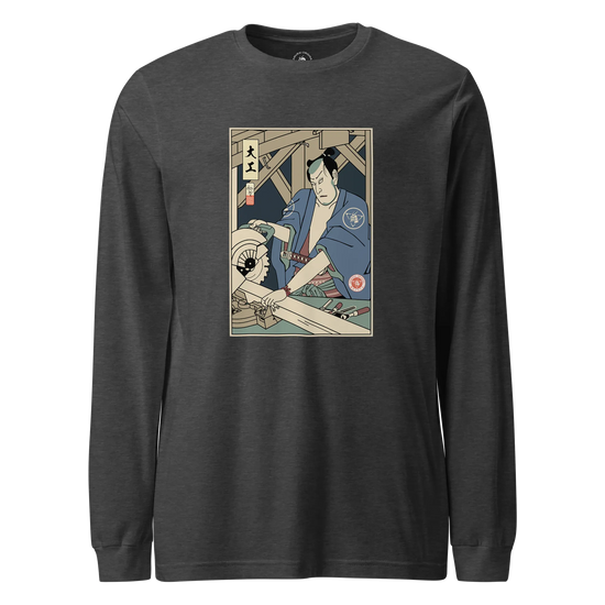 Samurai Carpenter Wood Artisan Ukiyo-e Unisex Long Sleeve Tee Dark Grey Heather - Samurai Original