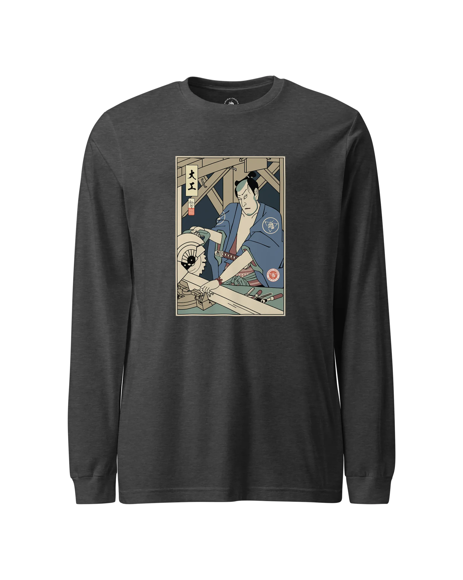Samurai Carpenter Wood Artisan Ukiyo-e Unisex Long Sleeve Tee Dark Grey Heather - Samurai Original