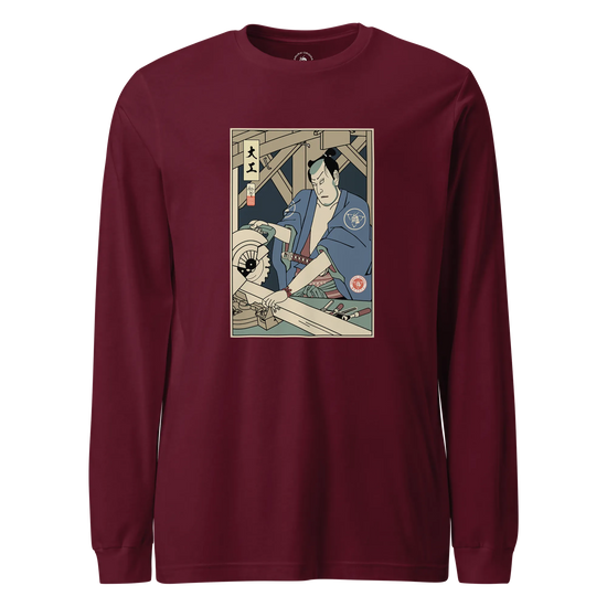 Samurai Carpenter Wood Artisan Ukiyo-e Unisex Long Sleeve Tee Maroon - Samurai Original
