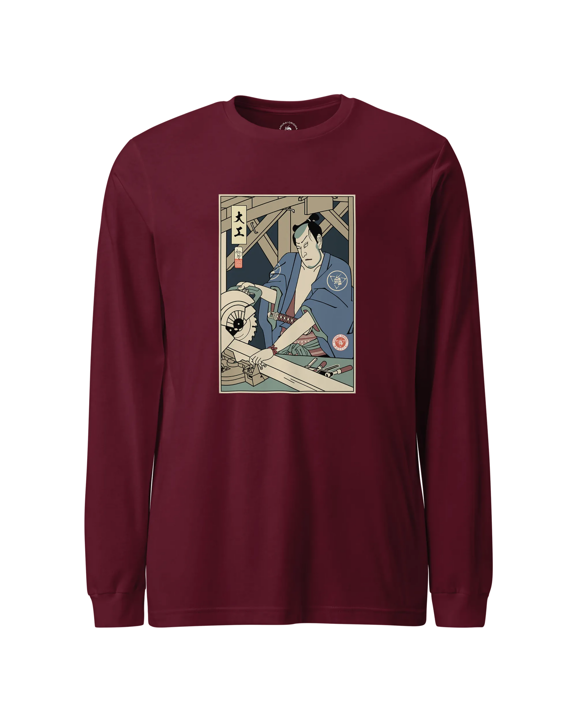 Samurai Carpenter Wood Artisan Ukiyo-e Unisex Long Sleeve Tee Maroon - Samurai Original