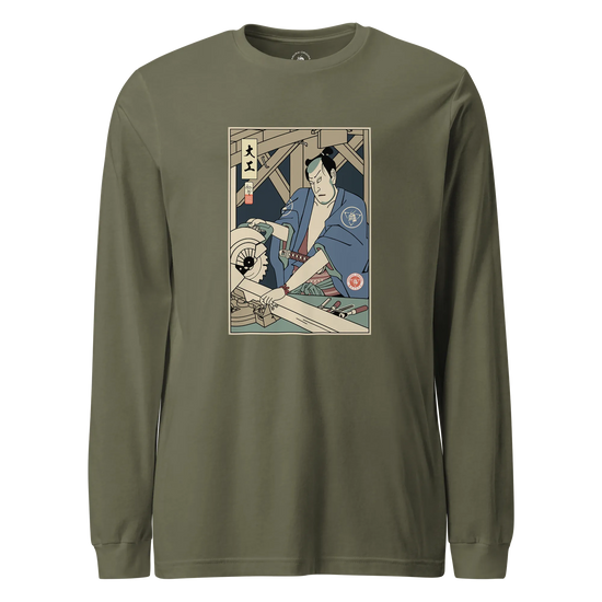 Samurai Carpenter Wood Artisan Ukiyo-e Unisex Long Sleeve Tee Military Green - Samurai Original