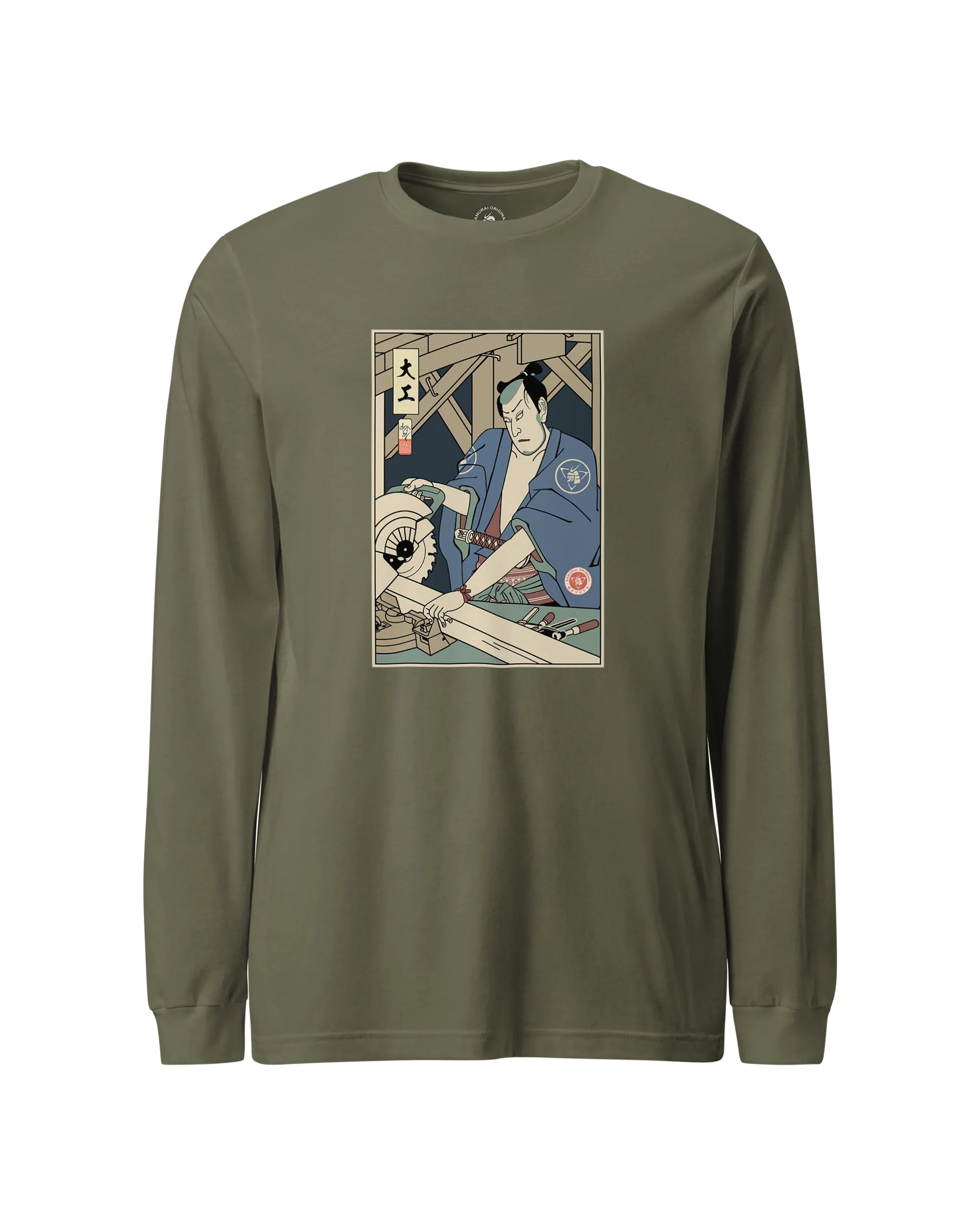 Samurai Carpenter Wood Artisan Ukiyo-e Unisex Long Sleeve Tee Military Green - Samurai Original