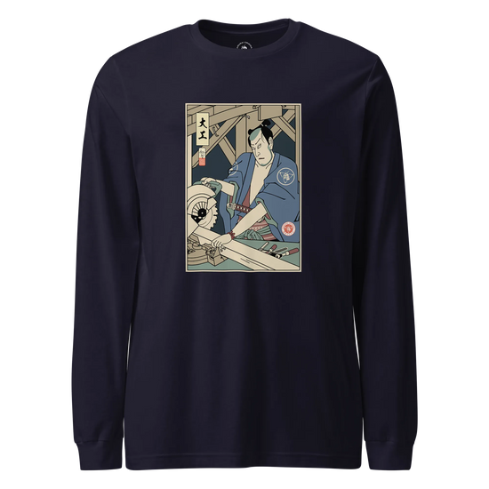 Samurai Carpenter Wood Artisan Ukiyo-e Unisex Long Sleeve Tee Navy - Samurai Original