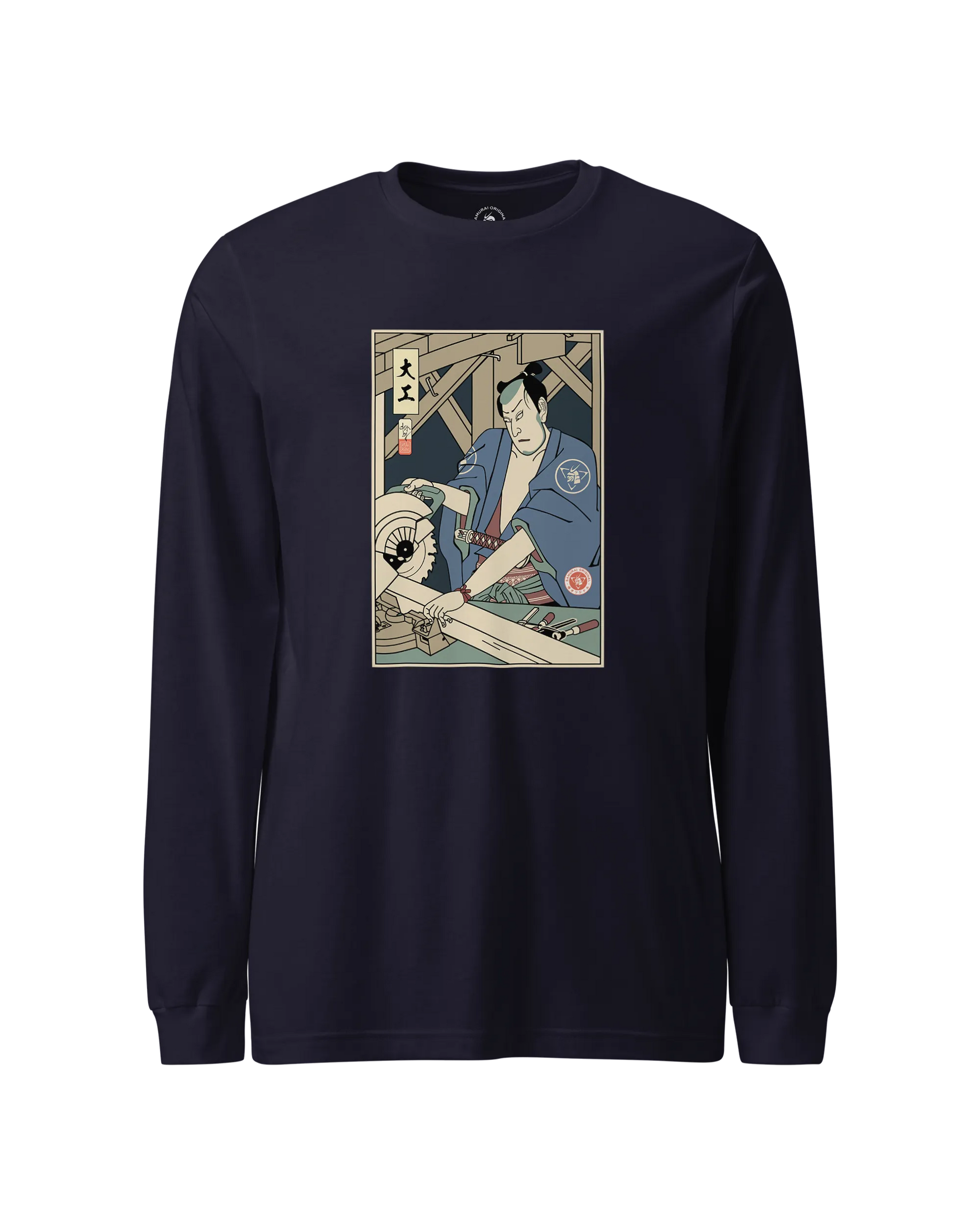 Samurai Carpenter Wood Artisan Ukiyo-e Unisex Long Sleeve Tee Navy - Samurai Original