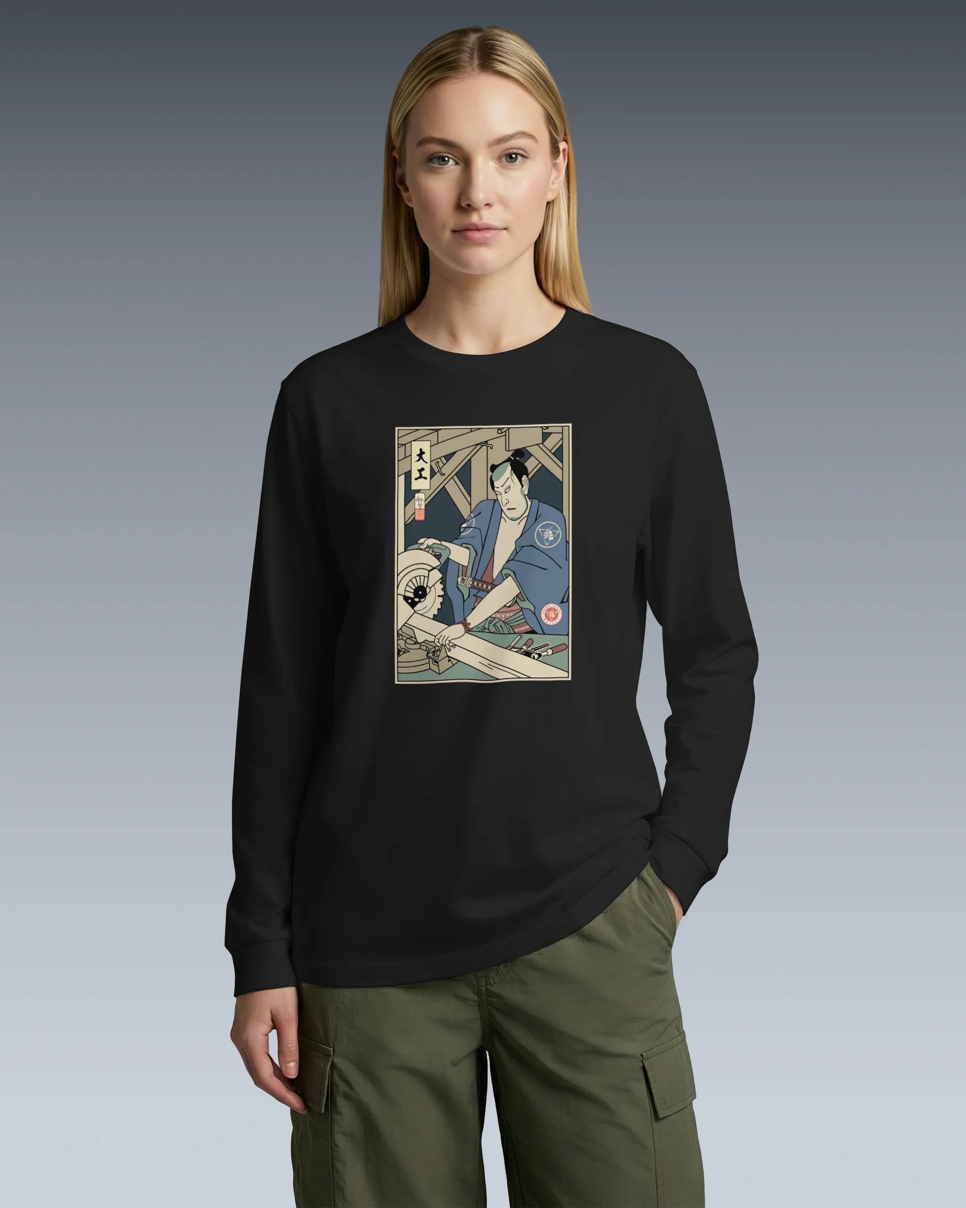 Samurai Carpenter Wood Artisan Ukiyo-e Unisex Long Sleeve Tee - Samurai Original