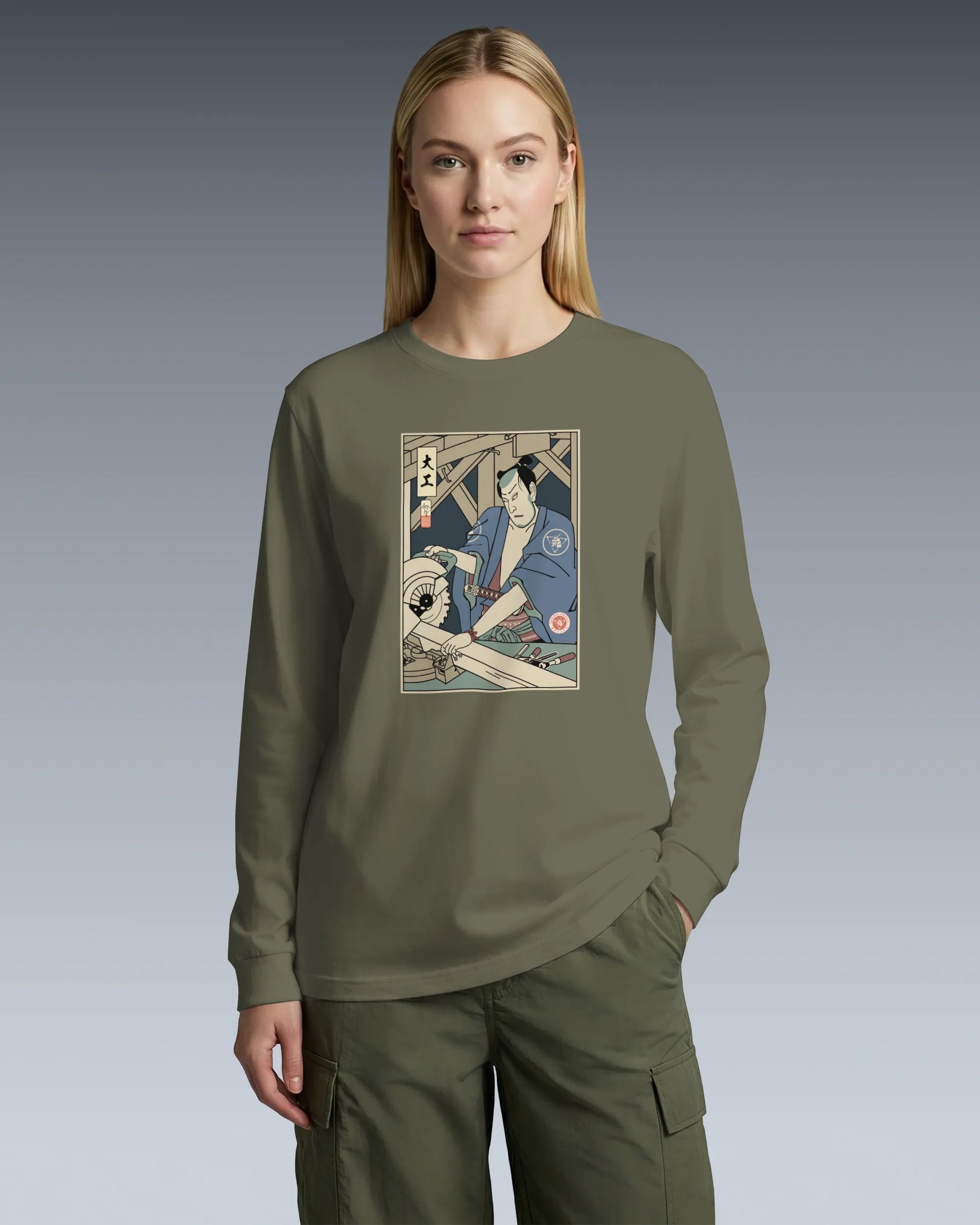 Samurai Carpenter Wood Artisan Ukiyo-e Unisex Long Sleeve Tee - Samurai Original