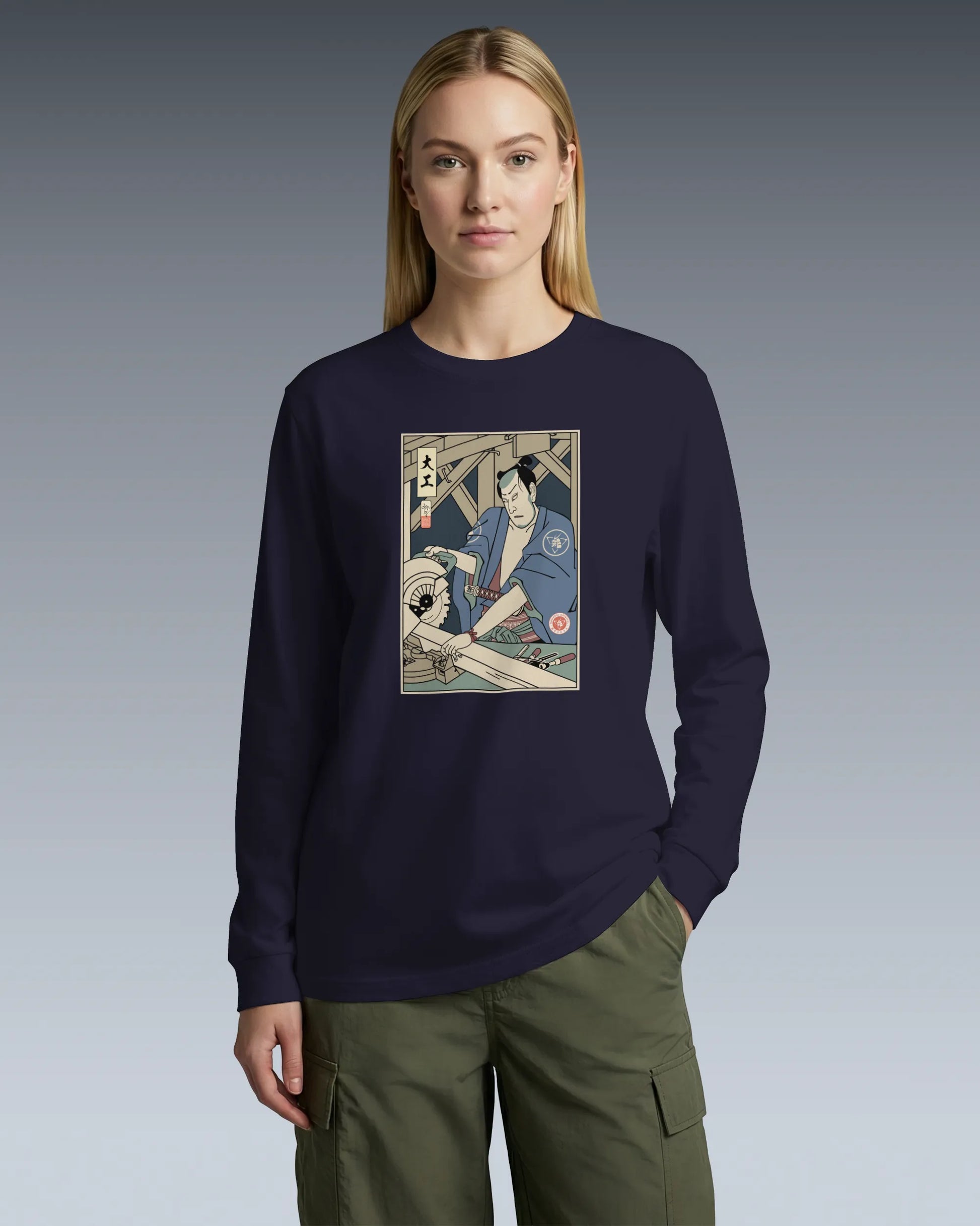 Samurai Carpenter Wood Artisan Ukiyo-e Unisex Long Sleeve Tee - Samurai Original