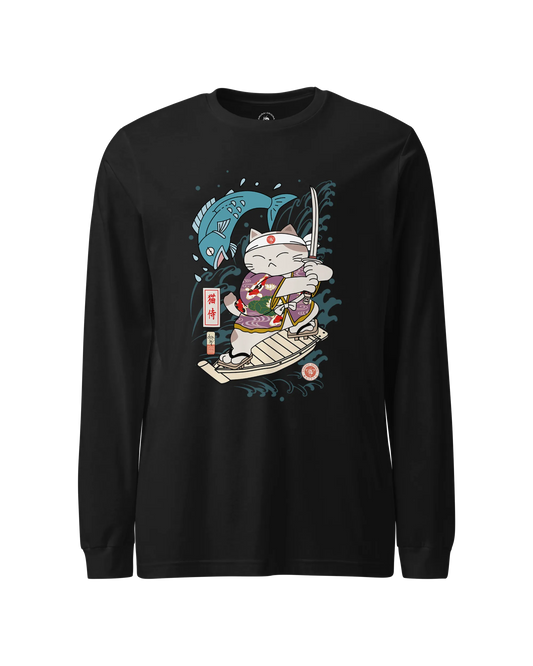 Samurai Cat Love Fish 2 Ukiyo-e Funny Unisex Long Sleeve Tee