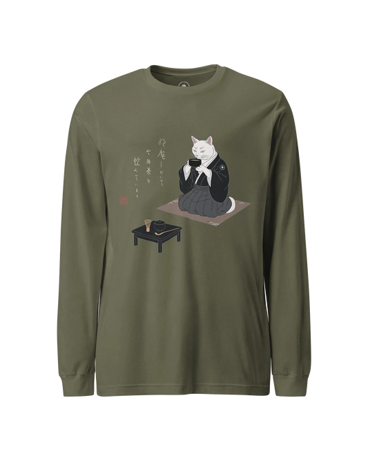 Samurai Cat Tea Time Tee Japanese Ukiyo-e Unisex Long Sleeve Tee
