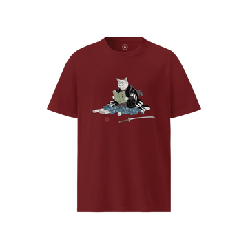 Cat Samurai Book of Five Rings Ukiyo-e Organic T-shirt Burgundy - Samurai Original