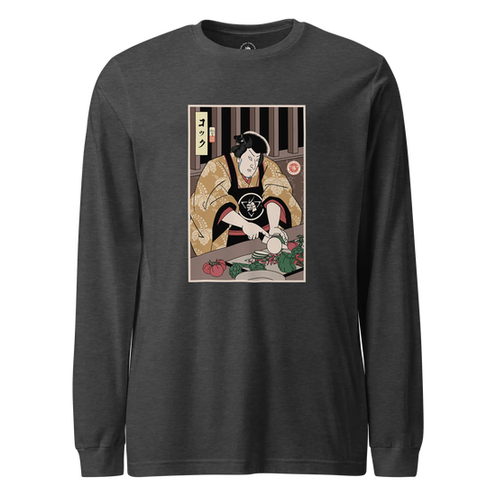 Samurai Chef 2 Cook Dish Ukiyo-e Unisex Long Sleeve Tee Dark Grey Heather - Samurai Original