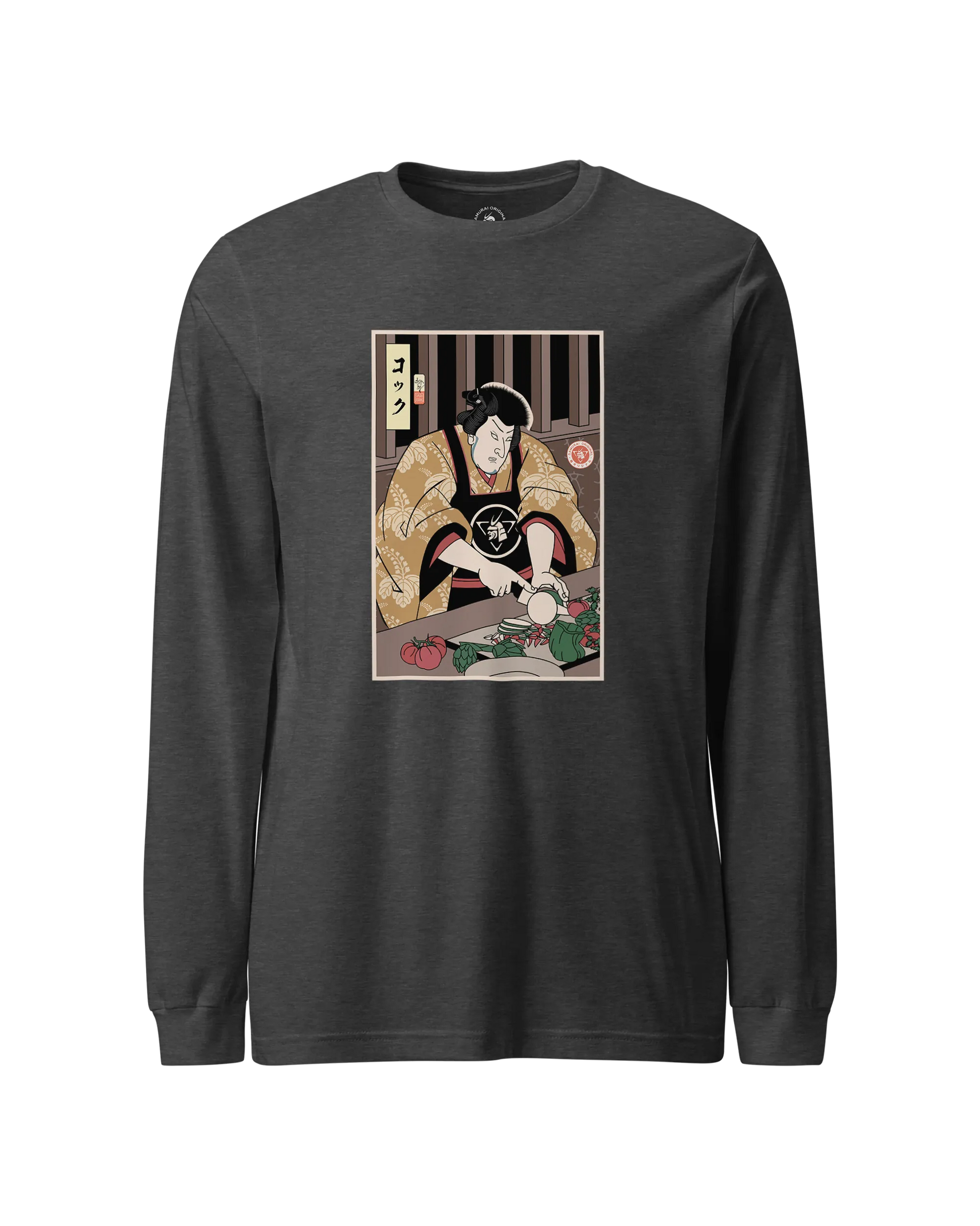 Samurai Chef 2 Cook Dish Ukiyo-e Unisex Long Sleeve Tee Dark Grey Heather - Samurai Original