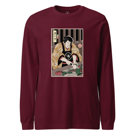 Samurai Chef 2 Cook Dish Ukiyo-e Unisex Long Sleeve Tee Maroon - Samurai Original