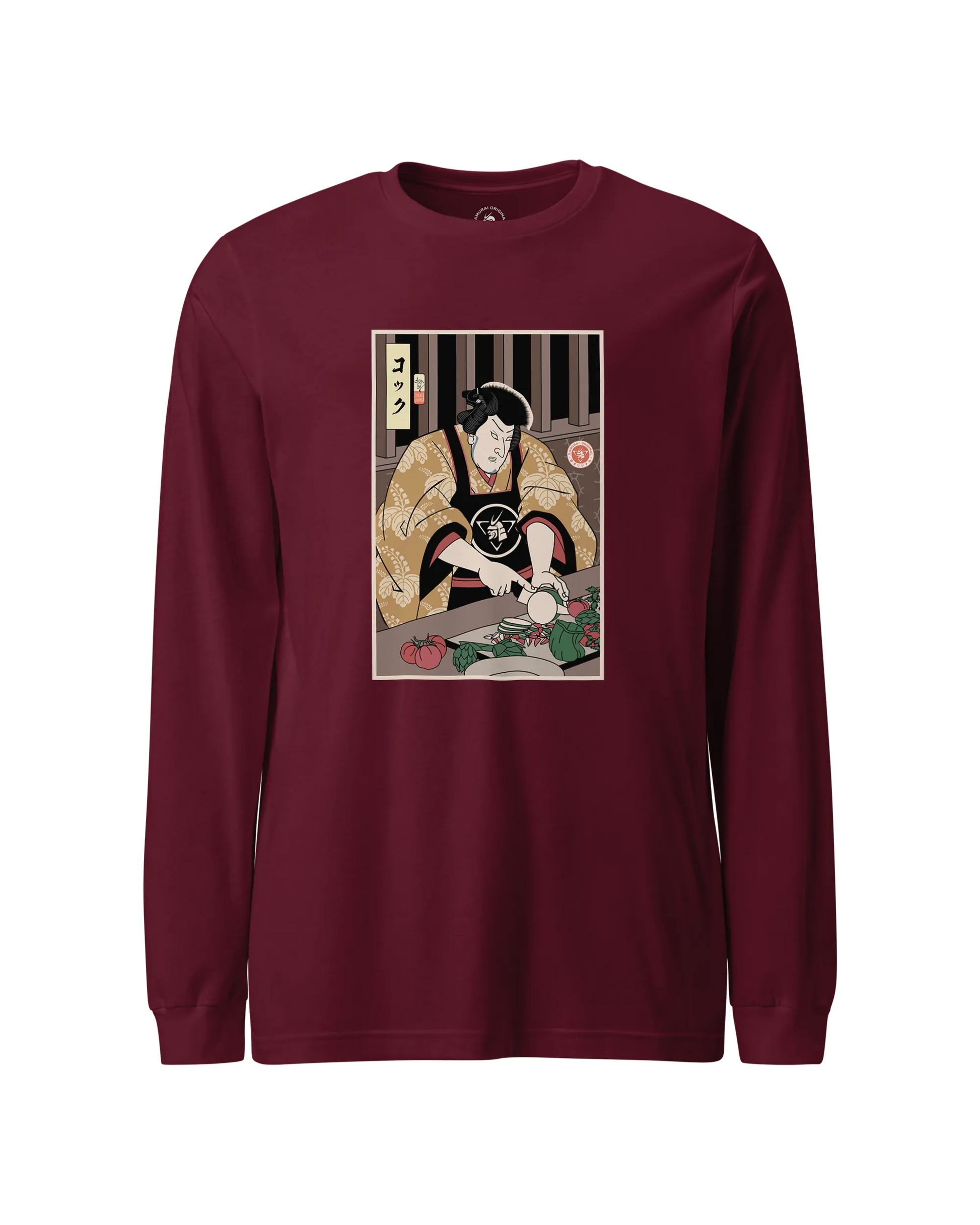 Samurai Chef 2 Cook Dish Ukiyo-e Unisex Long Sleeve Tee Maroon - Samurai Original