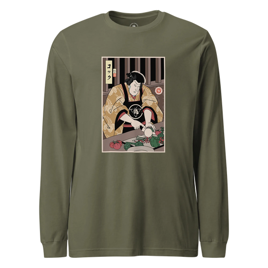 Samurai Chef 2 Cook Dish Ukiyo-e Unisex Long Sleeve Tee Military Green - Samurai Original