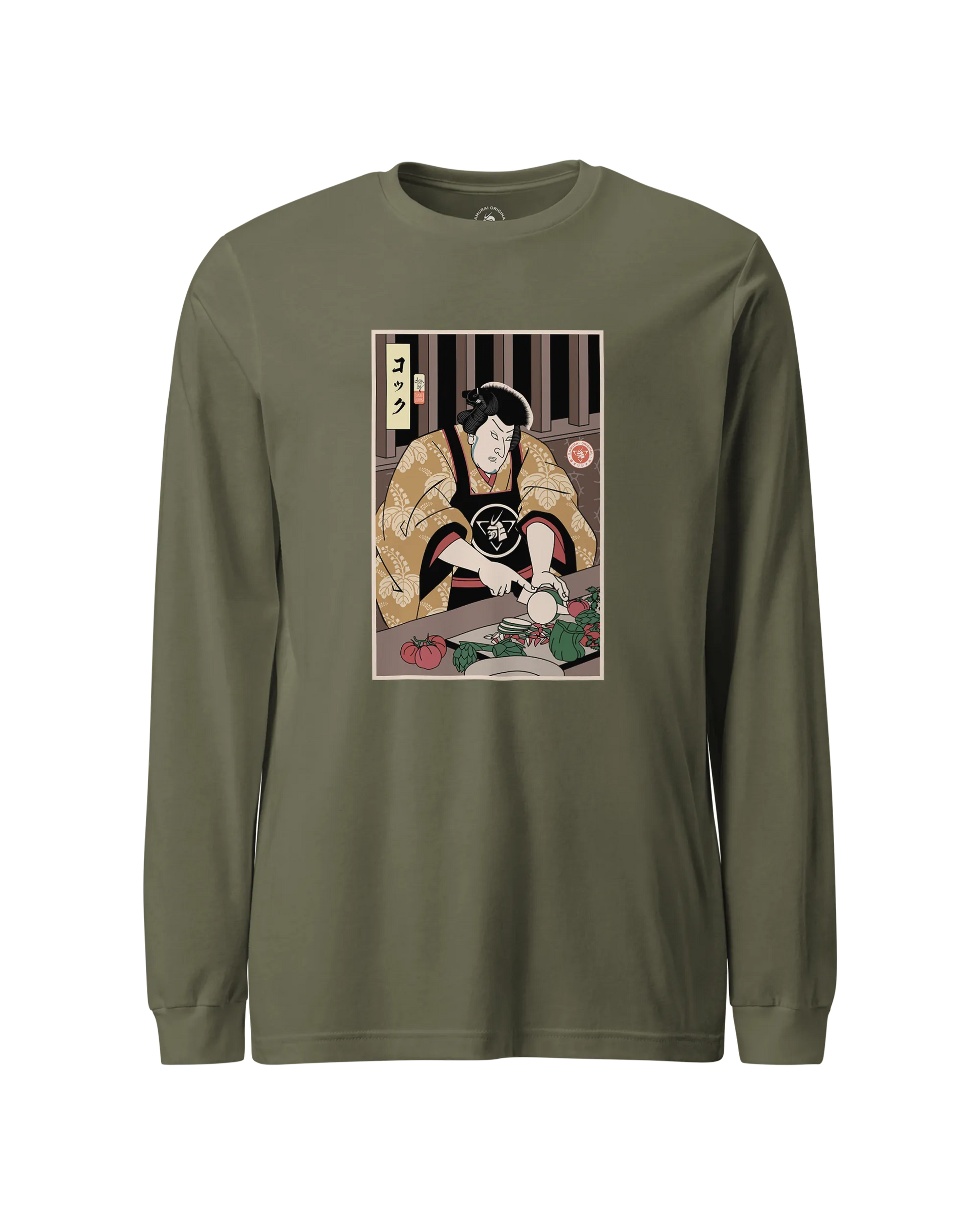Samurai Chef 2 Cook Dish Ukiyo-e Unisex Long Sleeve Tee Military Green - Samurai Original