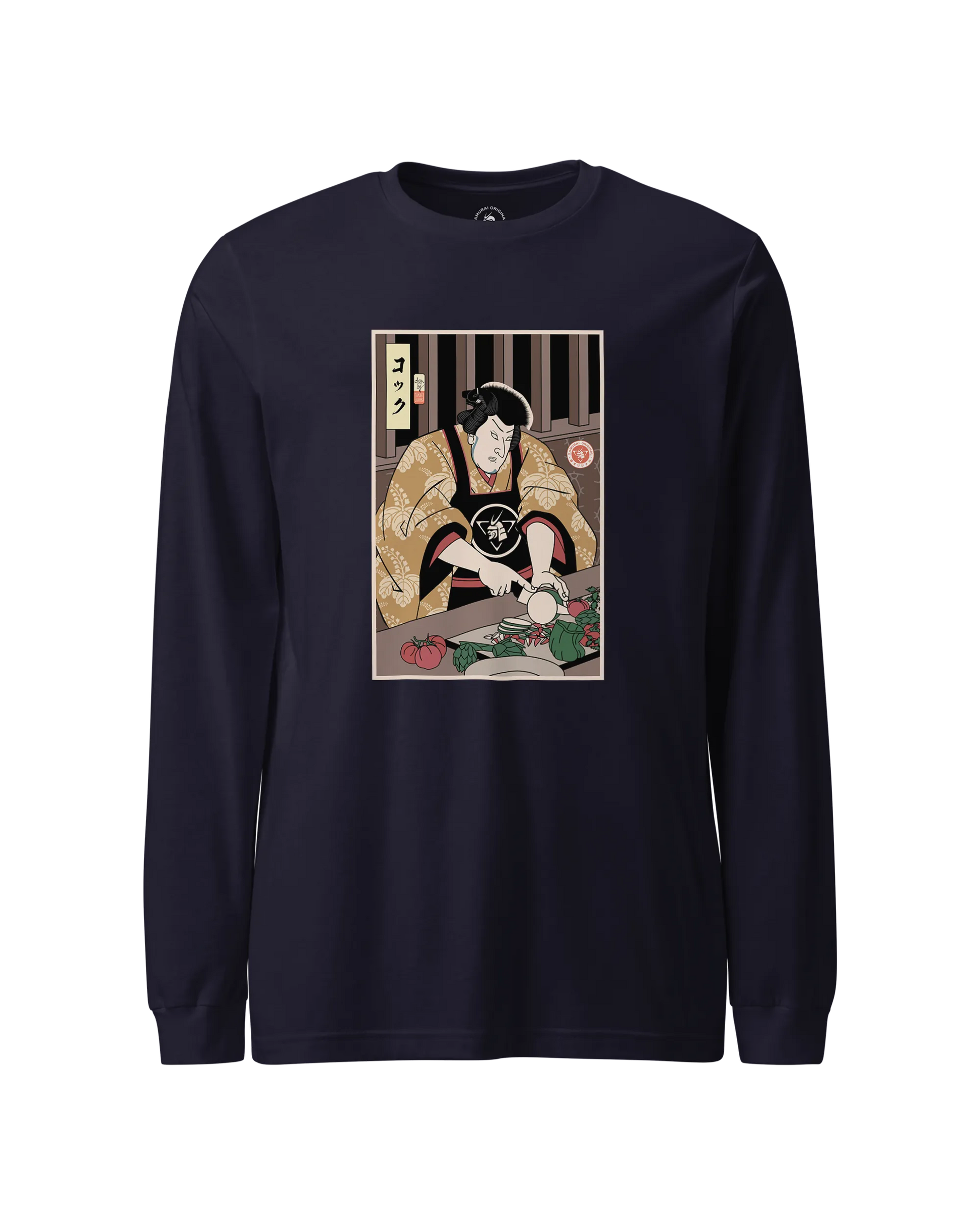 Samurai Chef 2 Cook Dish Ukiyo-e Unisex Long Sleeve Tee Navy - Samurai Original
