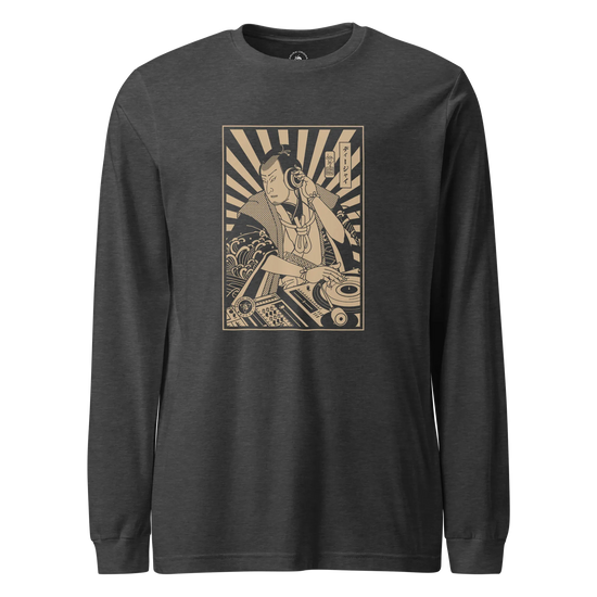 Samurai DJ 3 Turntable Music Ukiyo-e Unisex Long Sleeve Tee Dark Grey Heather - Samurai Original