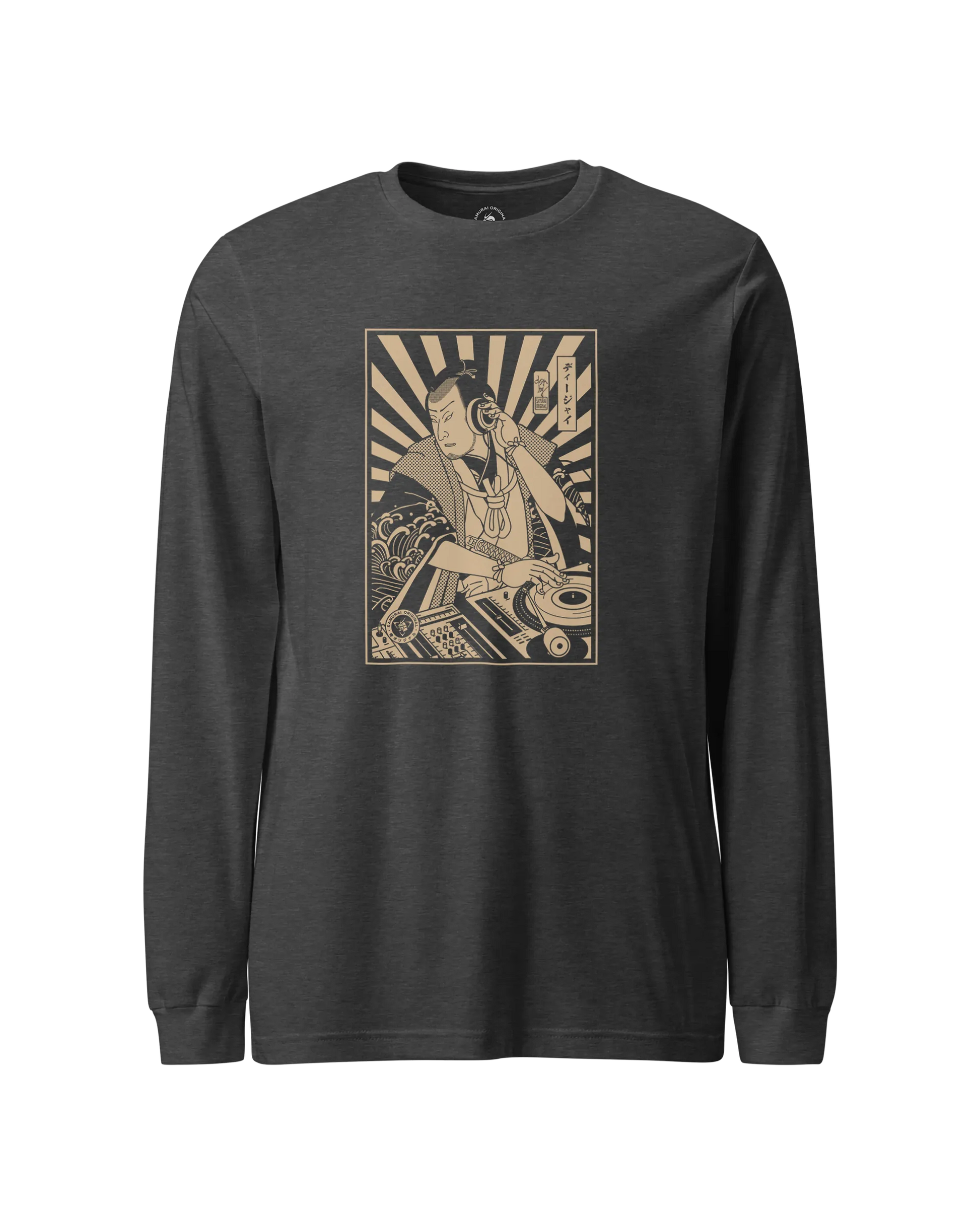 Samurai DJ 3 Turntable Music Ukiyo-e Unisex Long Sleeve Tee Dark Grey Heather - Samurai Original