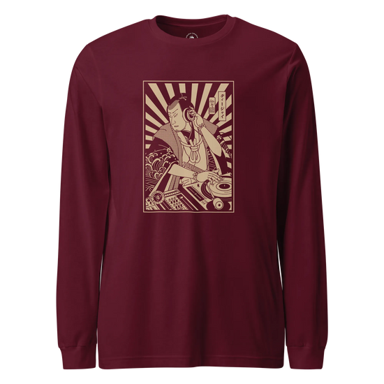 Samurai DJ 3 Turntable Music Ukiyo-e Unisex Long Sleeve Tee Maroon - Samurai Original
