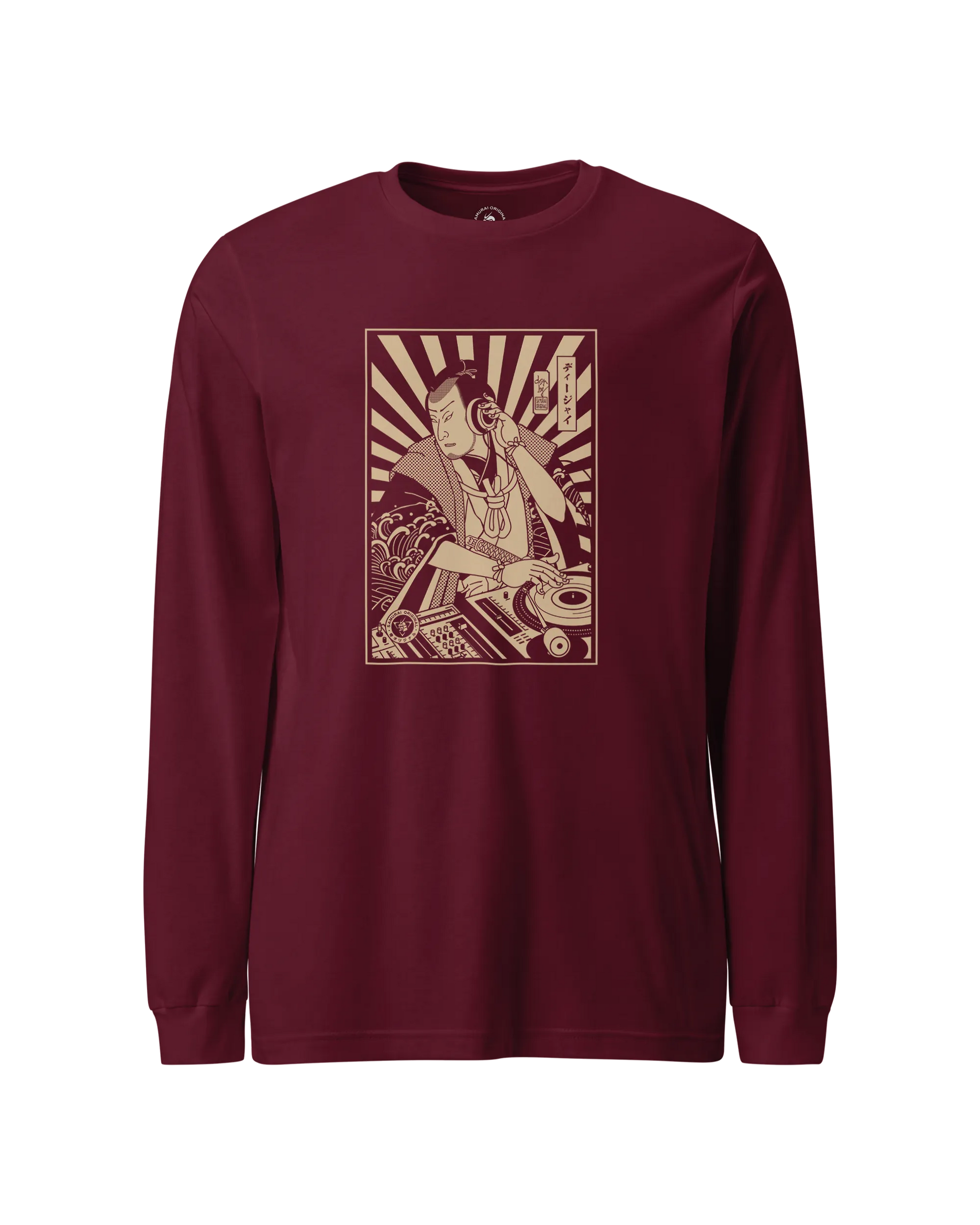 Samurai DJ 3 Turntable Music Ukiyo-e Unisex Long Sleeve Tee Maroon - Samurai Original