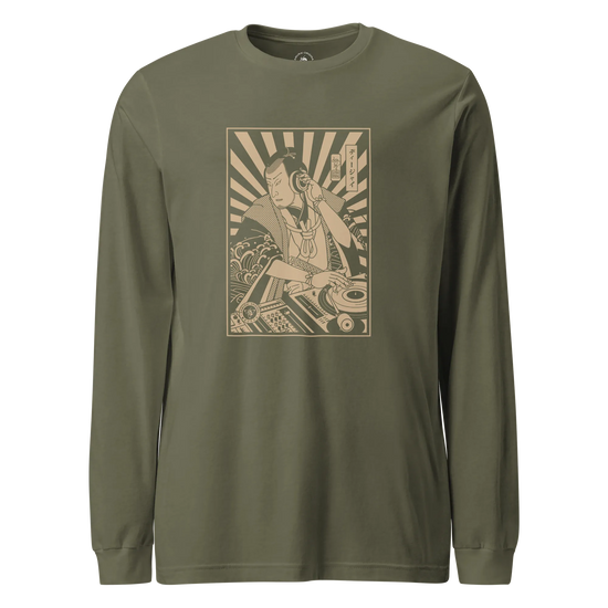 Samurai DJ 3 Turntable Music Ukiyo-e Unisex Long Sleeve Tee Military Green - Samurai Original