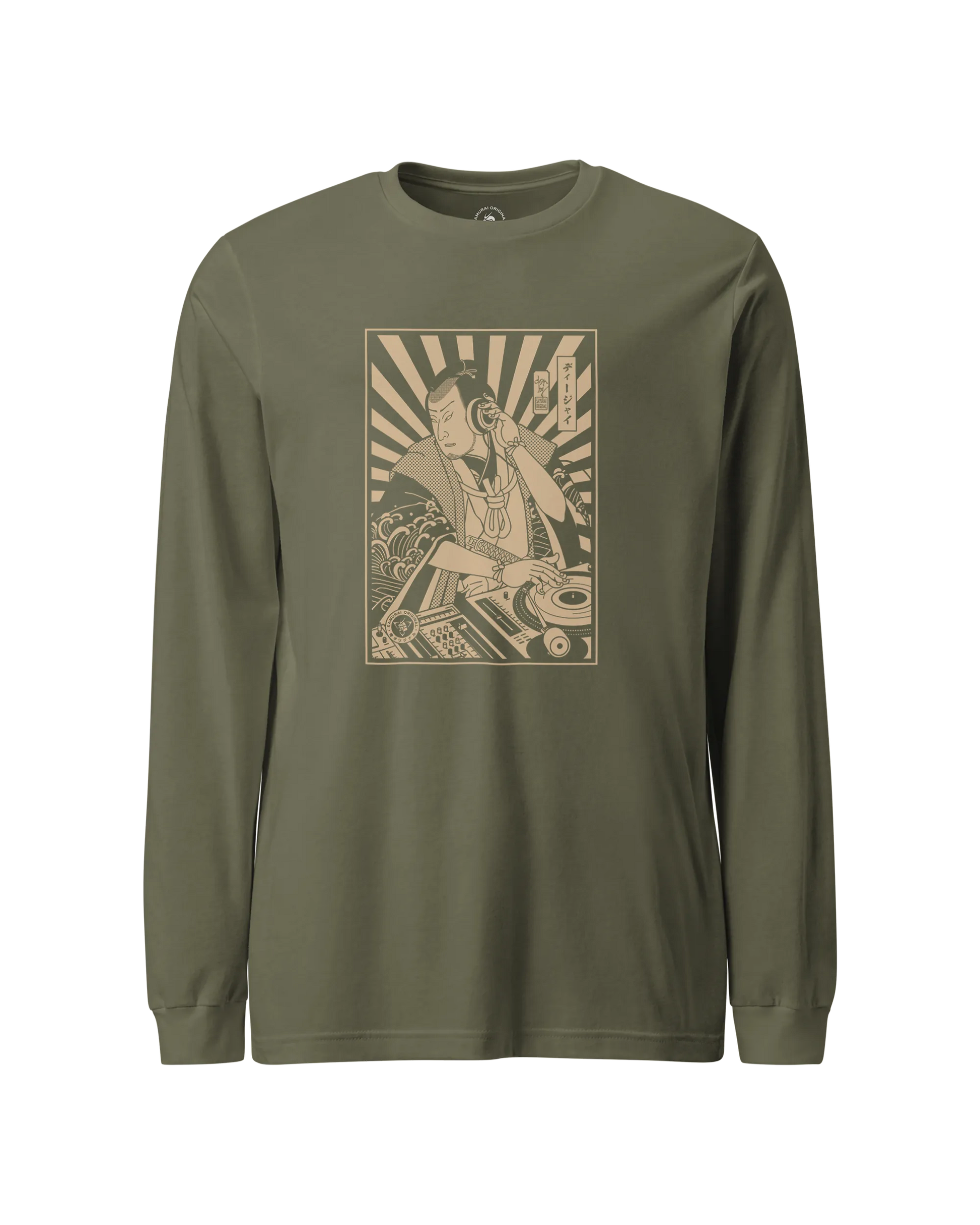 Samurai DJ 3 Turntable Music Ukiyo-e Unisex Long Sleeve Tee Military Green - Samurai Original