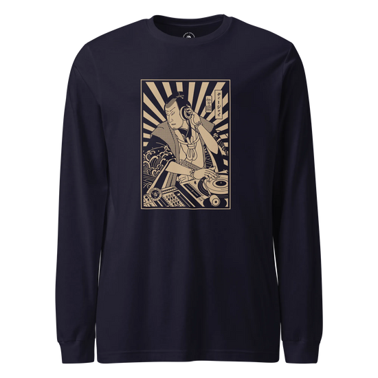 Samurai DJ 3 Turntable Music Ukiyo-e Unisex Long Sleeve Tee Navy - Samurai Original