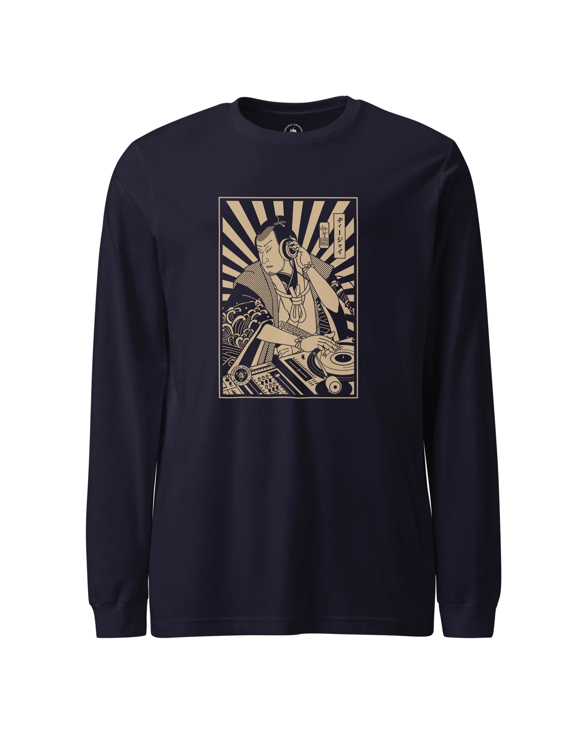 Samurai DJ 3 Turntable Music Ukiyo-e Unisex Long Sleeve Tee Navy - Samurai Original