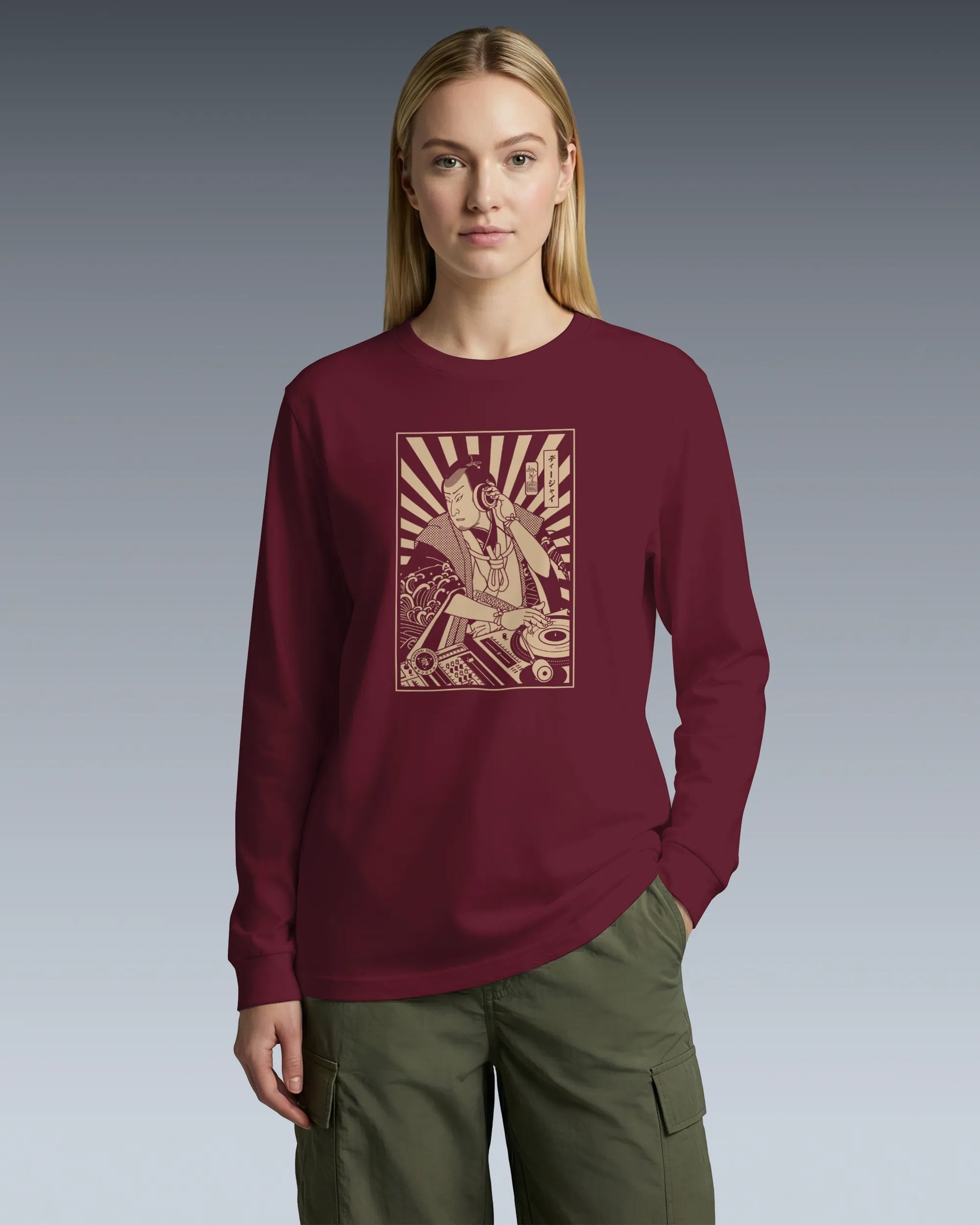 Samurai DJ 3 Turntable Music Ukiyo-e Unisex Long Sleeve Tee - Samurai Original
