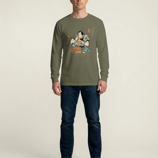 Samurai Drinks Beer Funny Ukiyo-e Unisex Long Sleeve Tee No.4 - Samurai Original